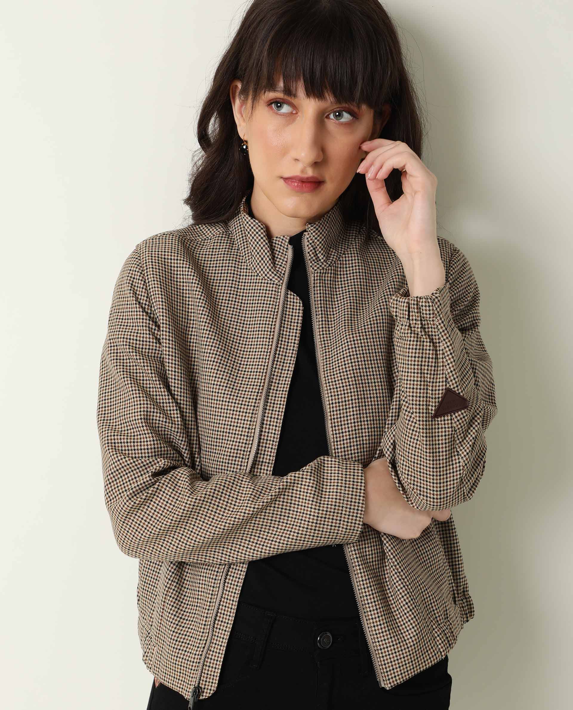 Rareism Womens Alex Yellow Bomber Jacket Full Sleeves Check Pattern