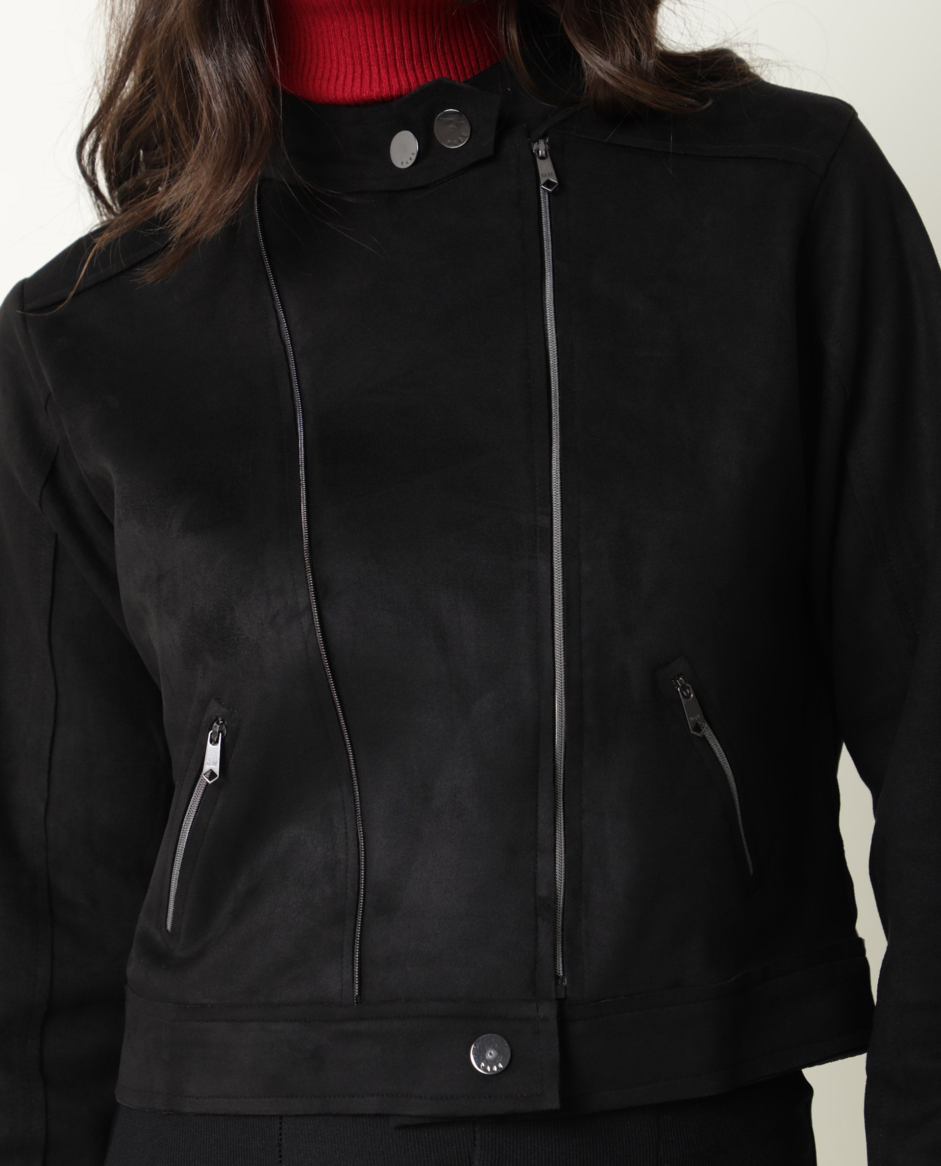 Rareism Women Everlee Black Polyester Fabric Full Sleeves Solid Mandarin Collar Jacket