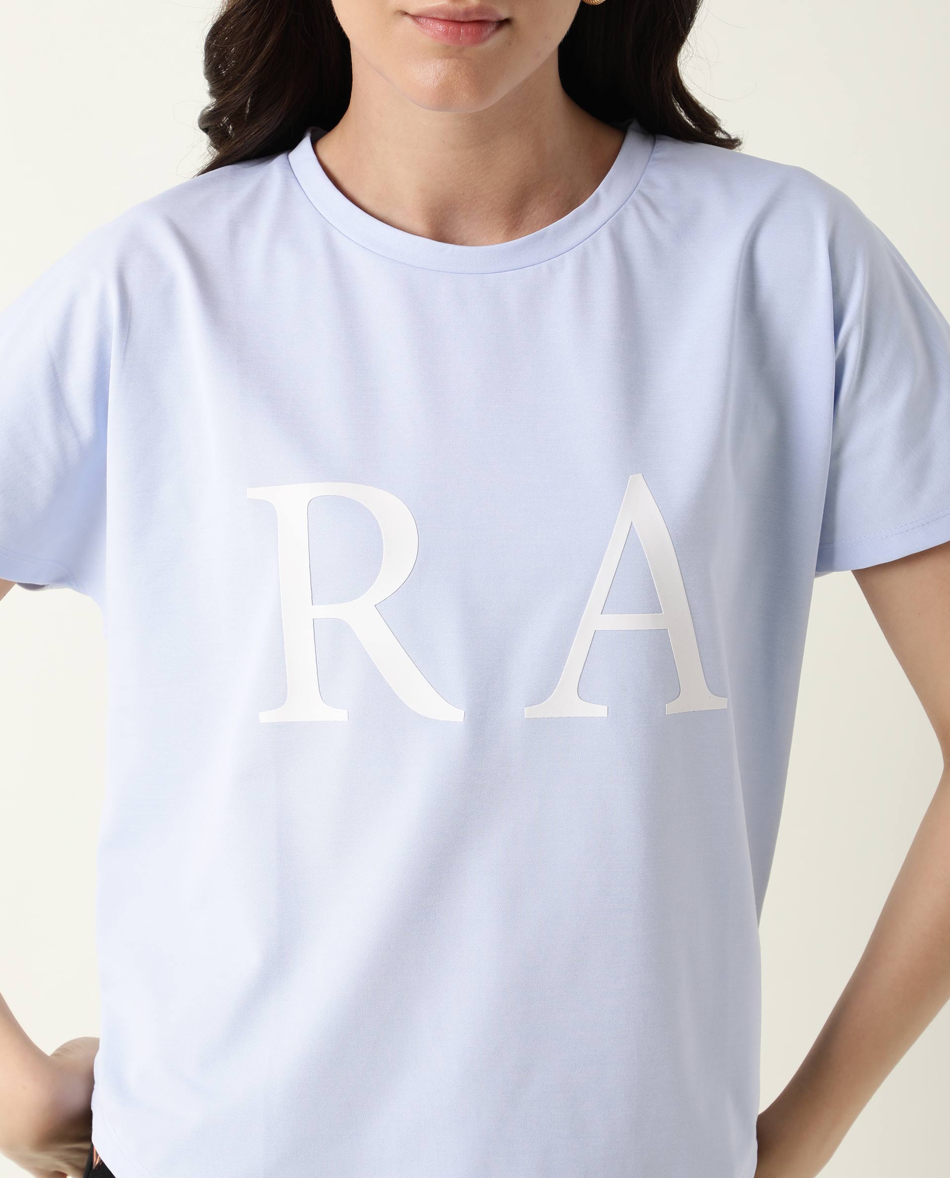 Rareism Women Hush Blue Poly Cotton Fabric Regular Fit Half Sleeves Graphic Print Crew Neck T-Shirt