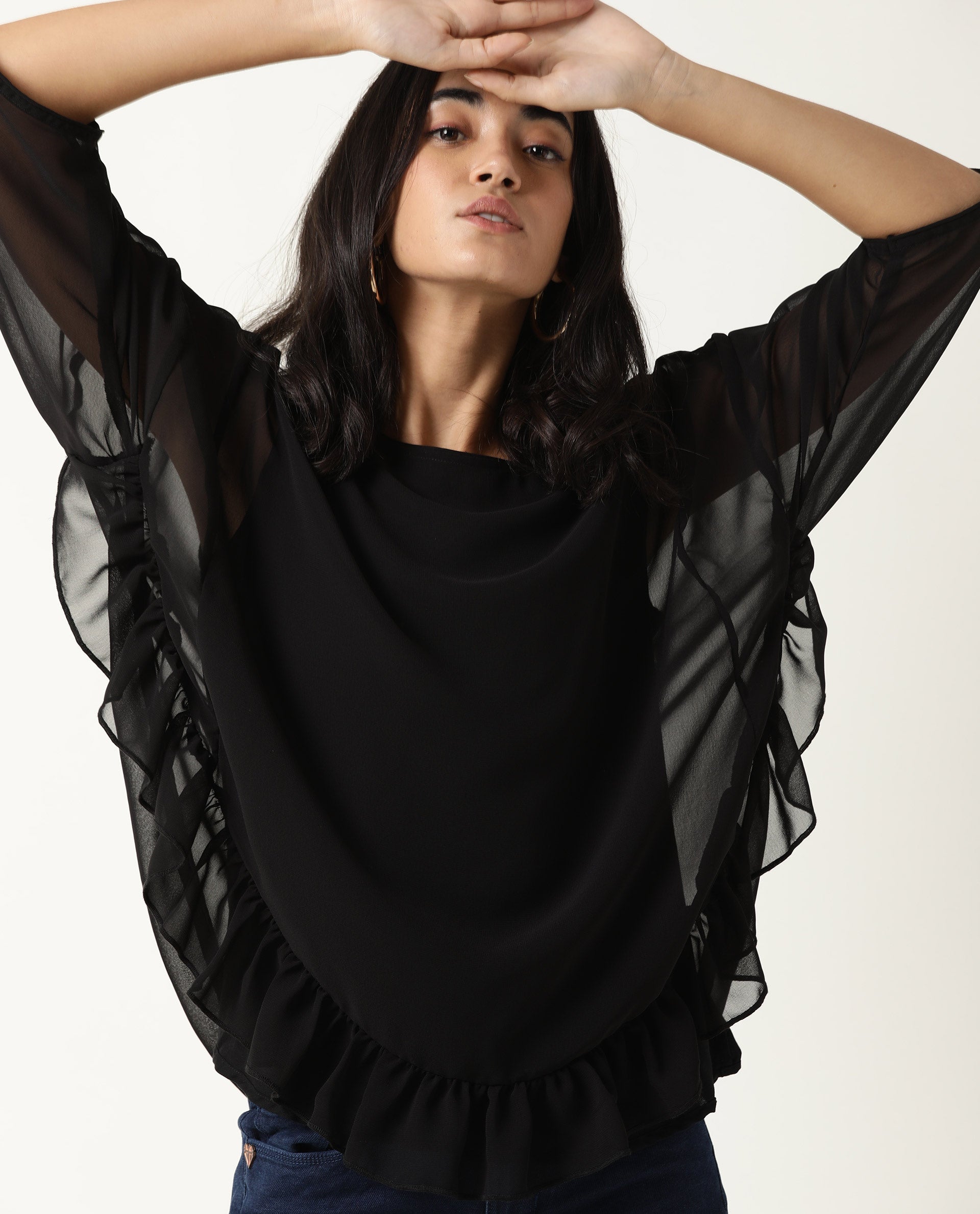 Rareism Women's Hold Black Polyester Crew Neck Plain Extended Sleeves Relaxed Fit Top