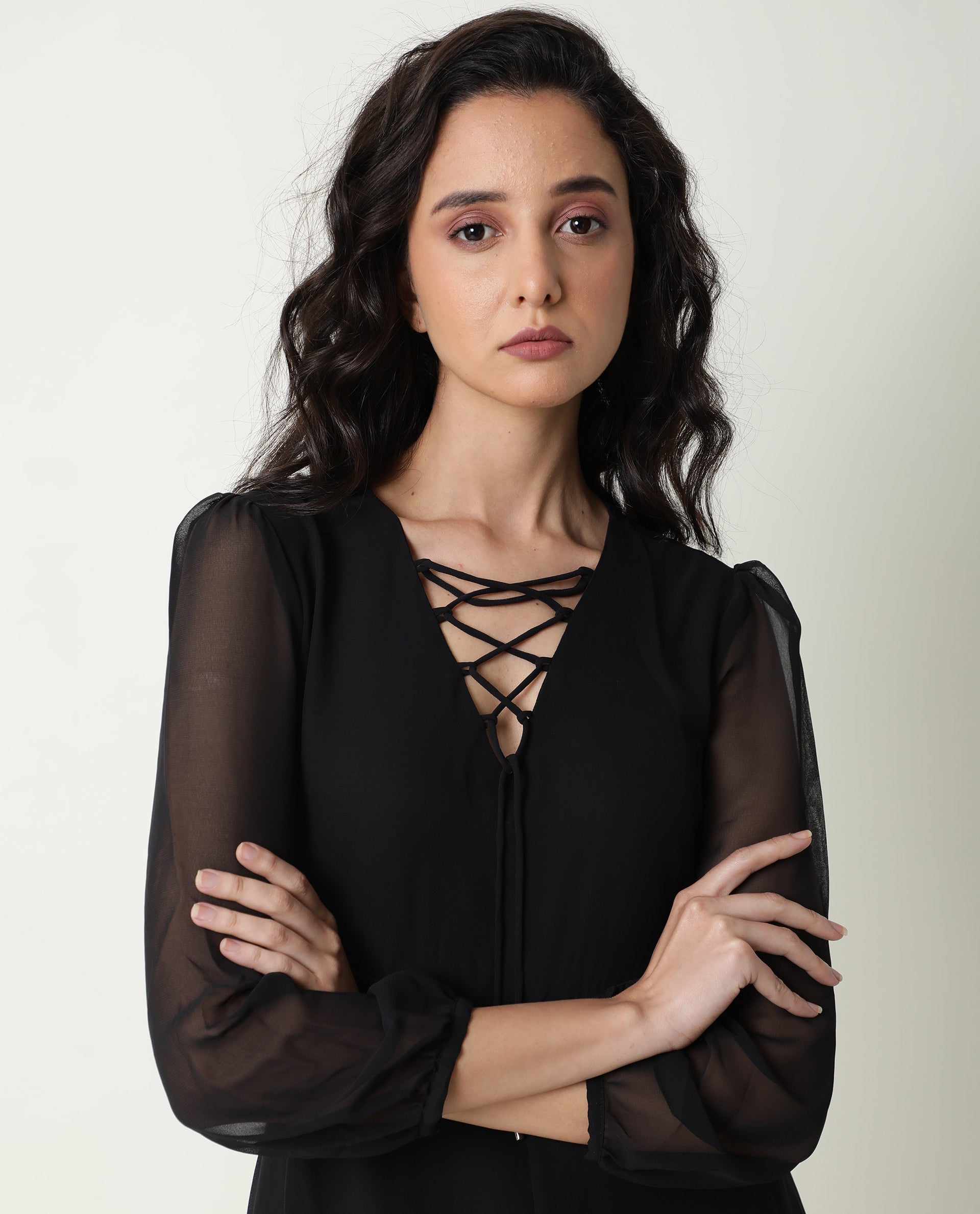 Rareism Women Ommet Black V Neck Criss Cross Tie Up Neckline Full Sleeve Smocked Waist Panel Asymmetric Knee Length Dress