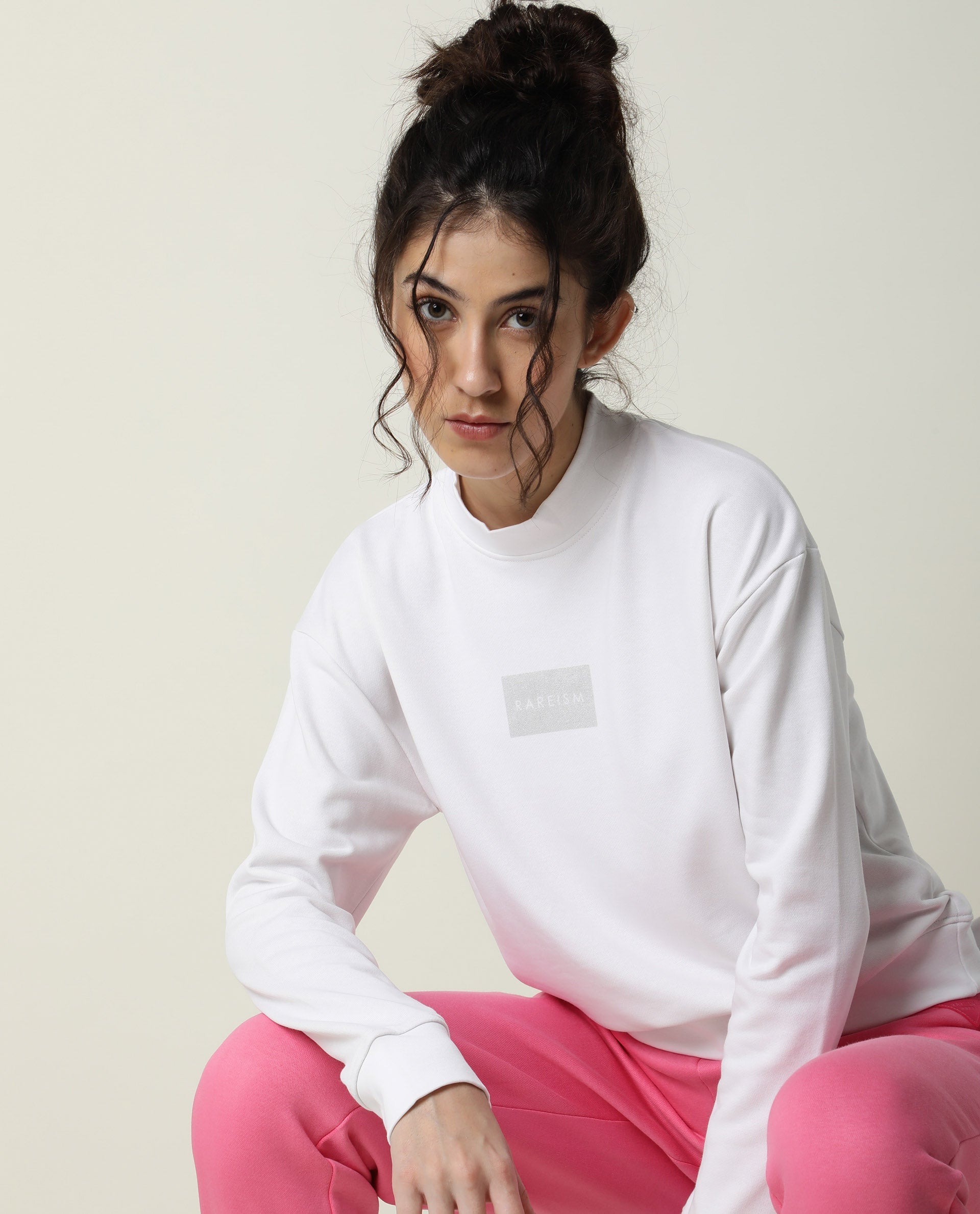 Rareism Women's Hectare White Cotton Blend High Neck Plain Relaxed Fit Sweatshirt