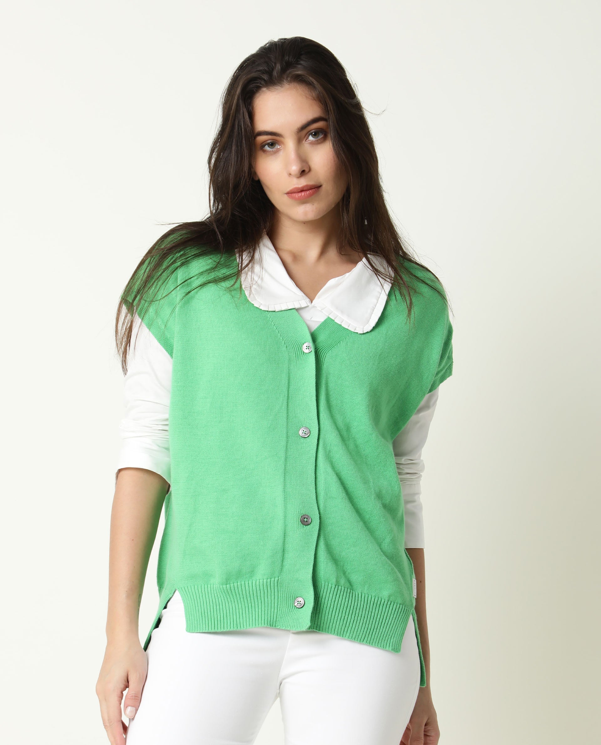 Rareism Women's Pave Green Cotton V-Neck Plain Extended Sleeves Regular Fit Sweater