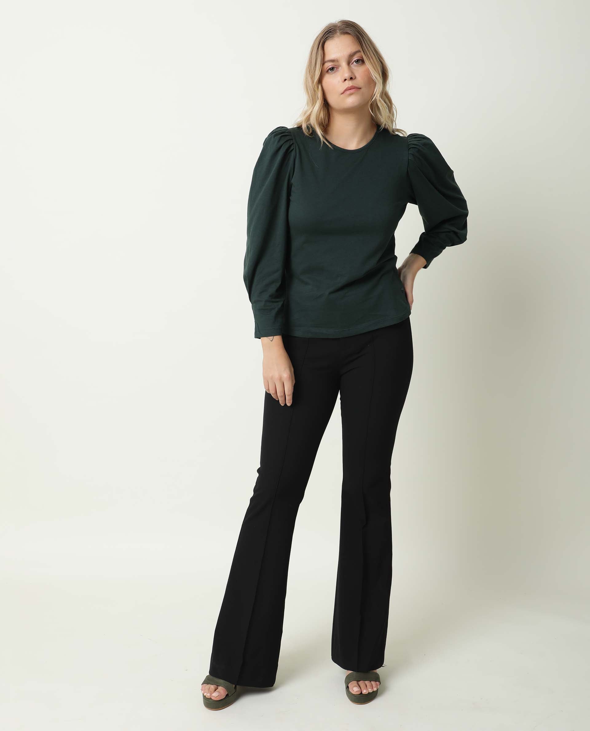 Rareism Women Ballerina Dark Green Cotton Fabric Regular Fit Knee Length Boat Neck 3/4Th Sleeves Solid Top