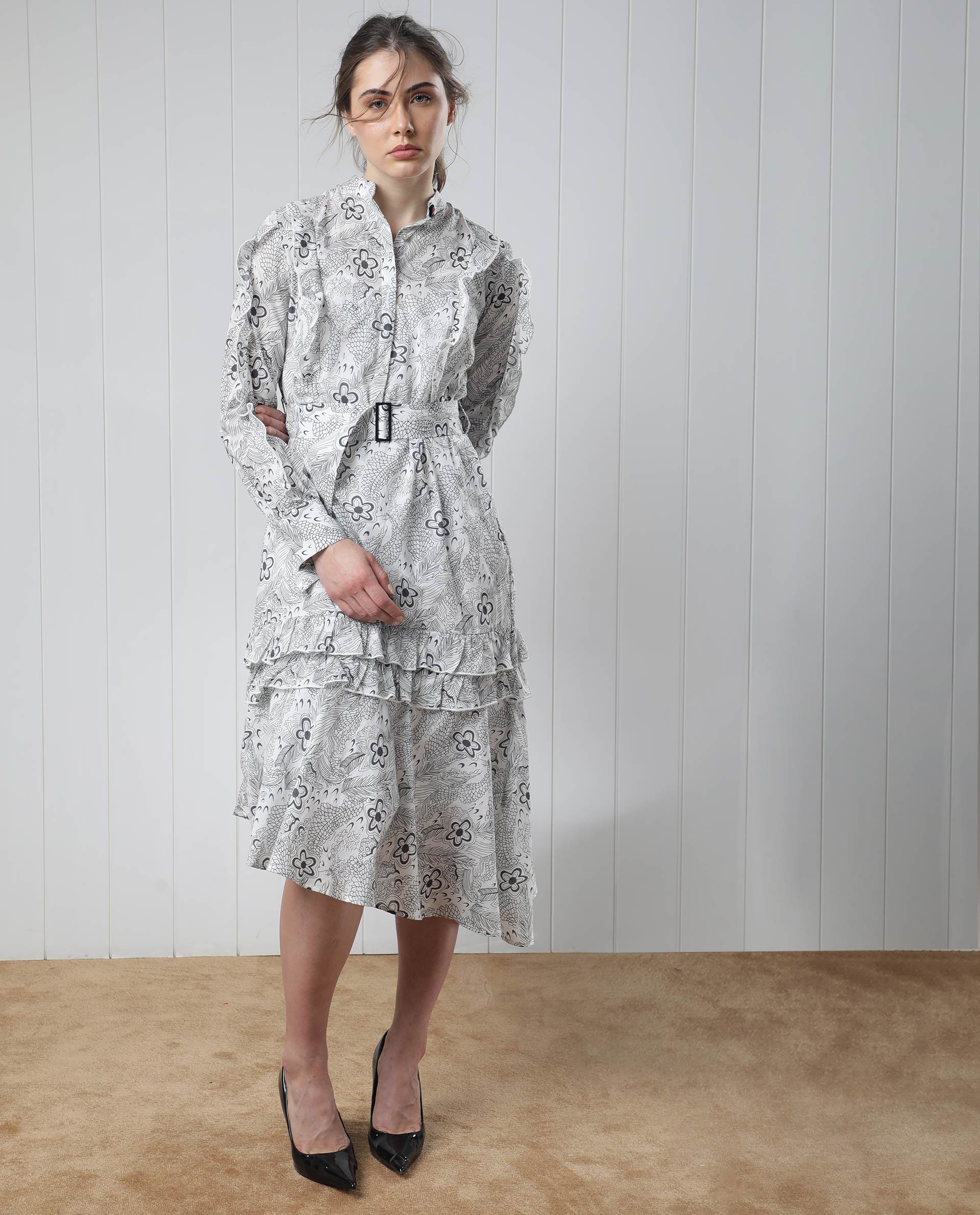 Rareism Women's Roose White Cotton Mandarin Collar Floral Print Knee Length Regular Fit Dress