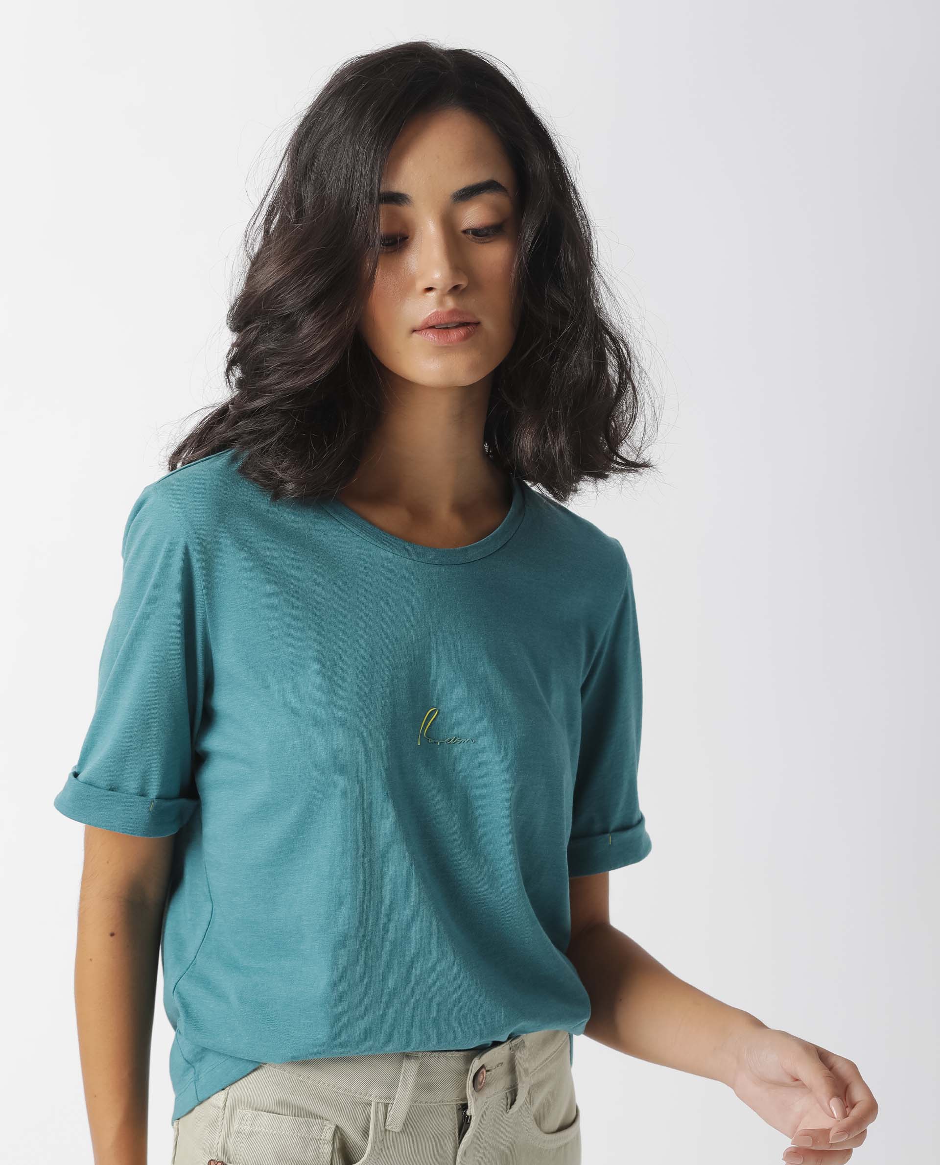 Rareism Women Nova Tee 2 Green Cotton Blend Fabric Regular Fit Half Sleeves Solid Crew Neck T-Shirt