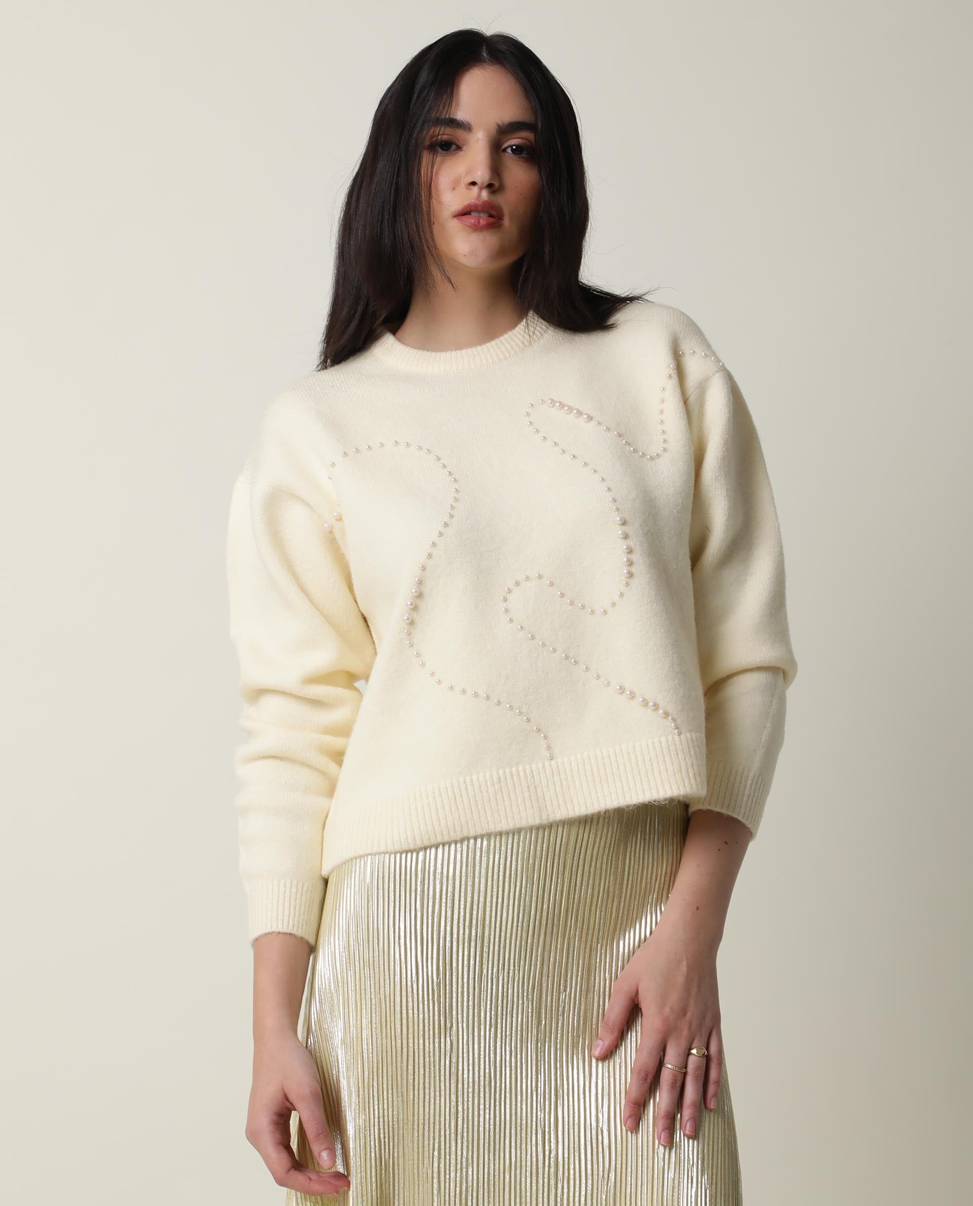 Rareism Women's Tulsy Offwhite Acrylic Crew Neck Embellished Knee Length Regular Fit Sweater