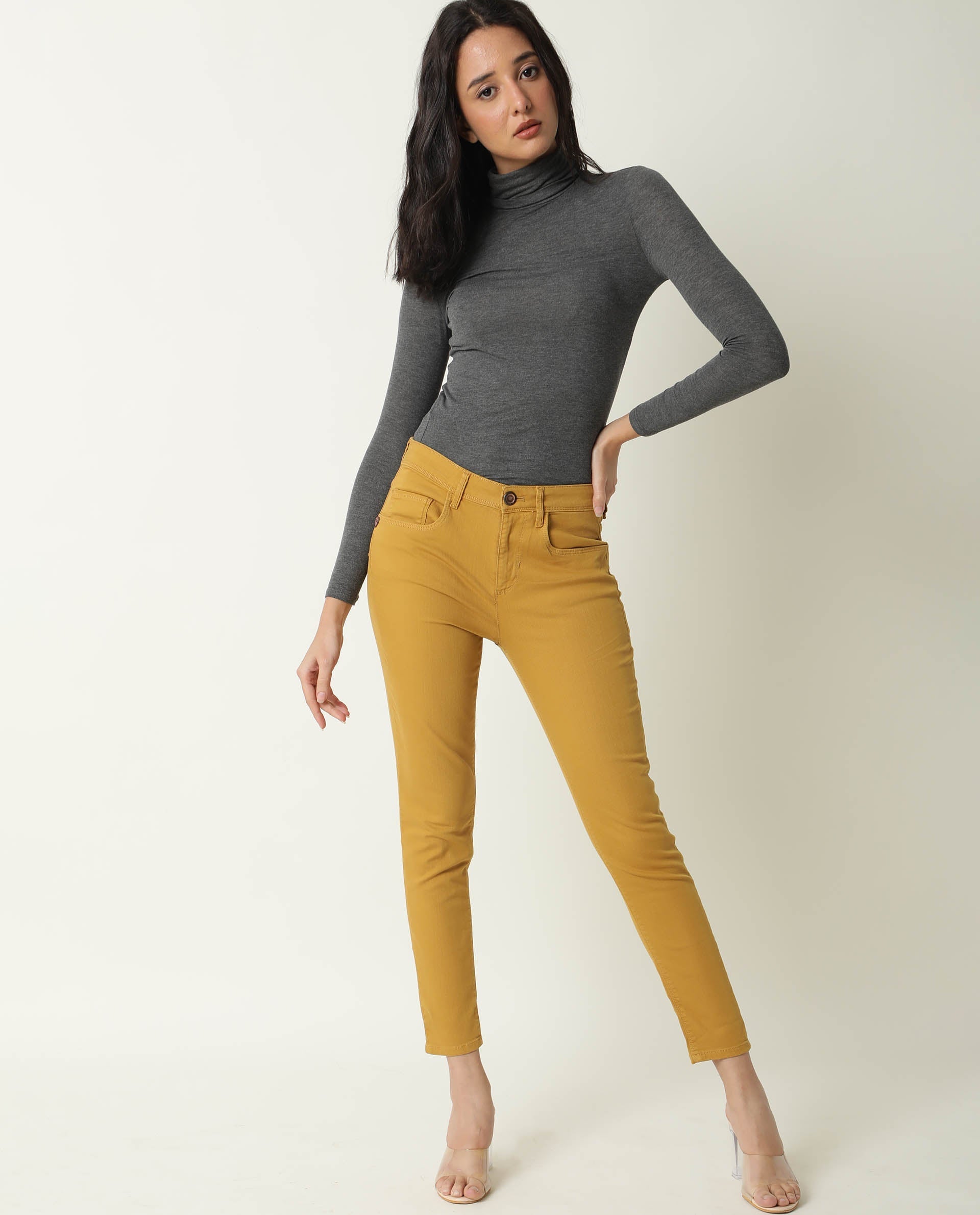 Rareism Women Metty Mustard Cotton Lycra Fabric Mid Rise Solid Slim Fit Ankle Length Jeans