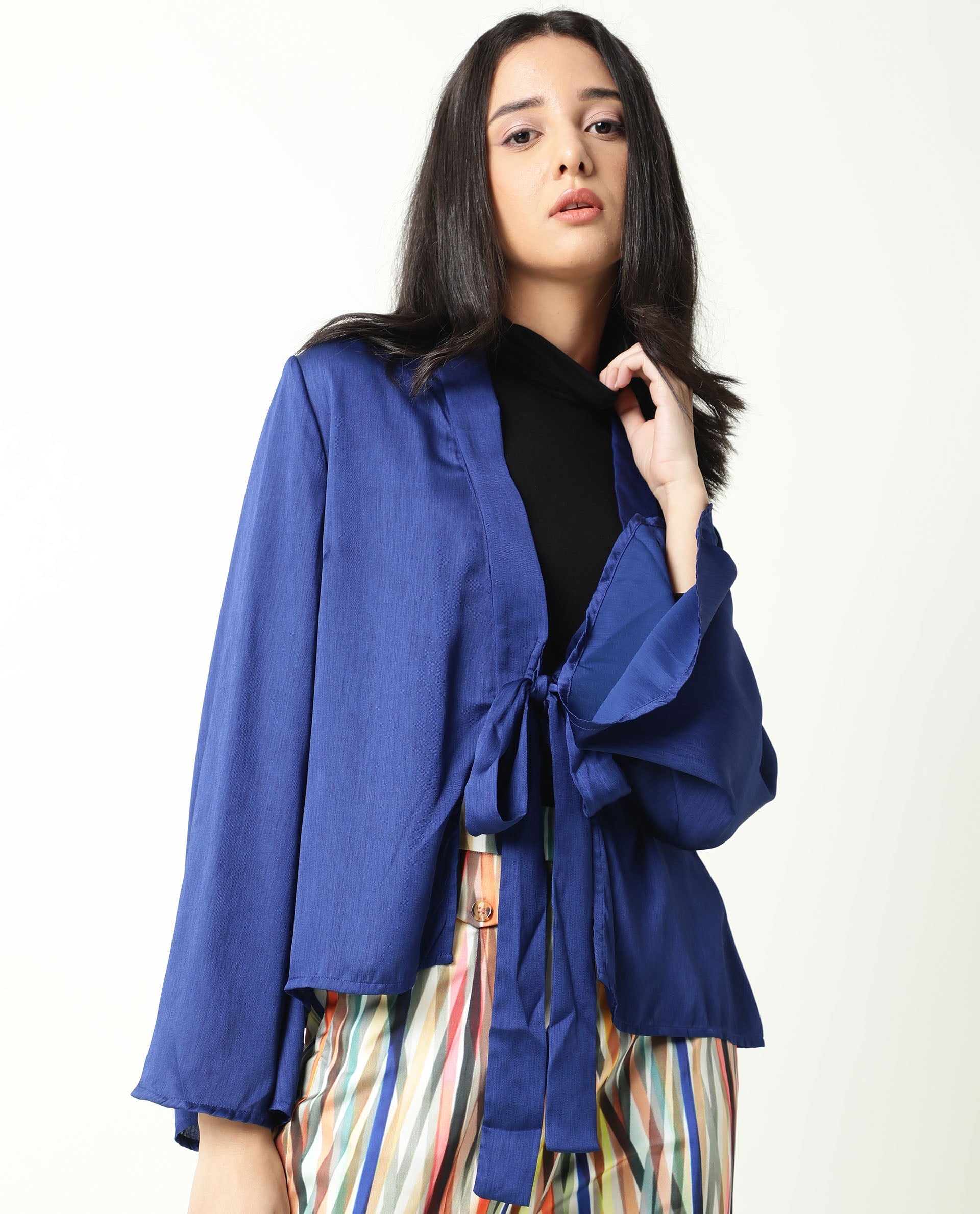 Rareism Women Cuff Blue Polyester Fabric Regular Fit Solid Shawl Collar Outer Wear