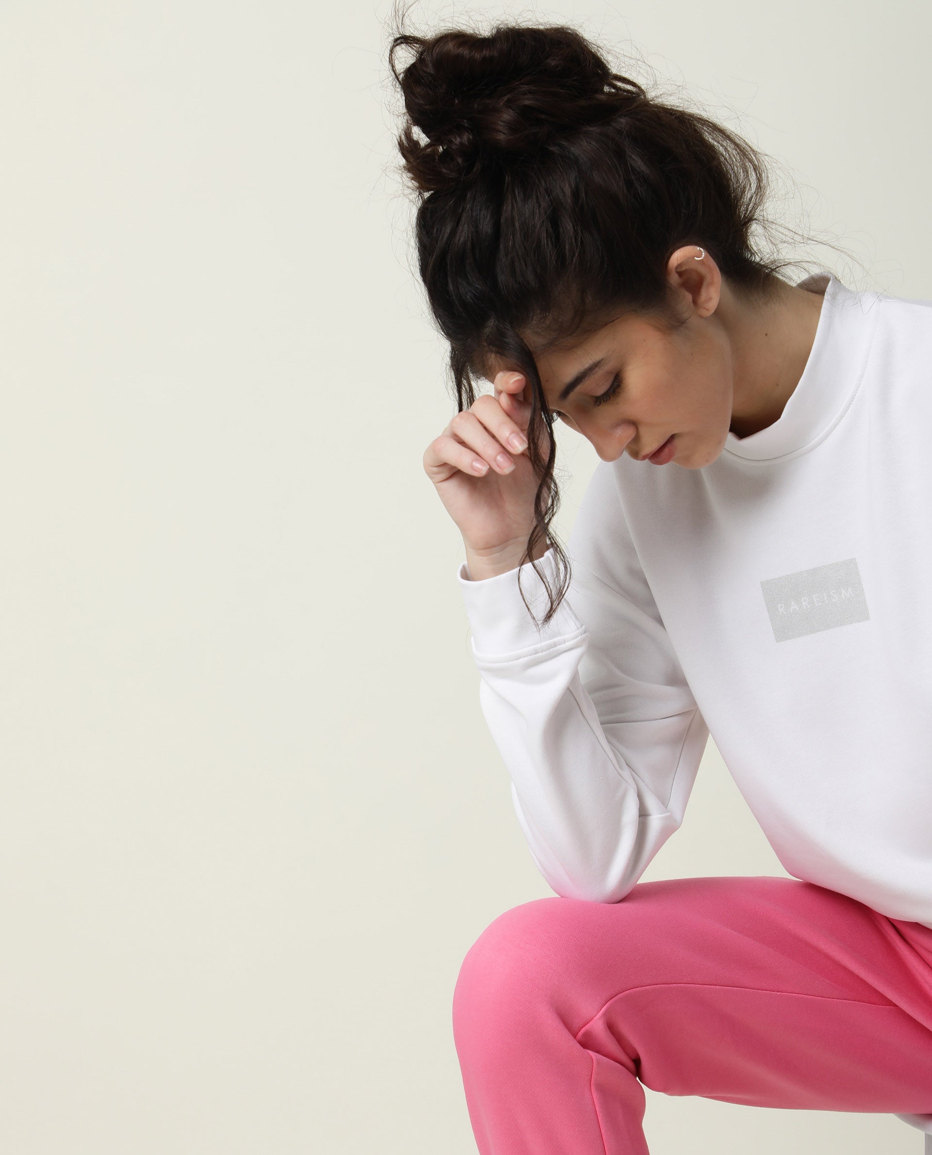 Rareism Women's Hectare White Cotton Blend High Neck Plain Relaxed Fit Sweatshirt