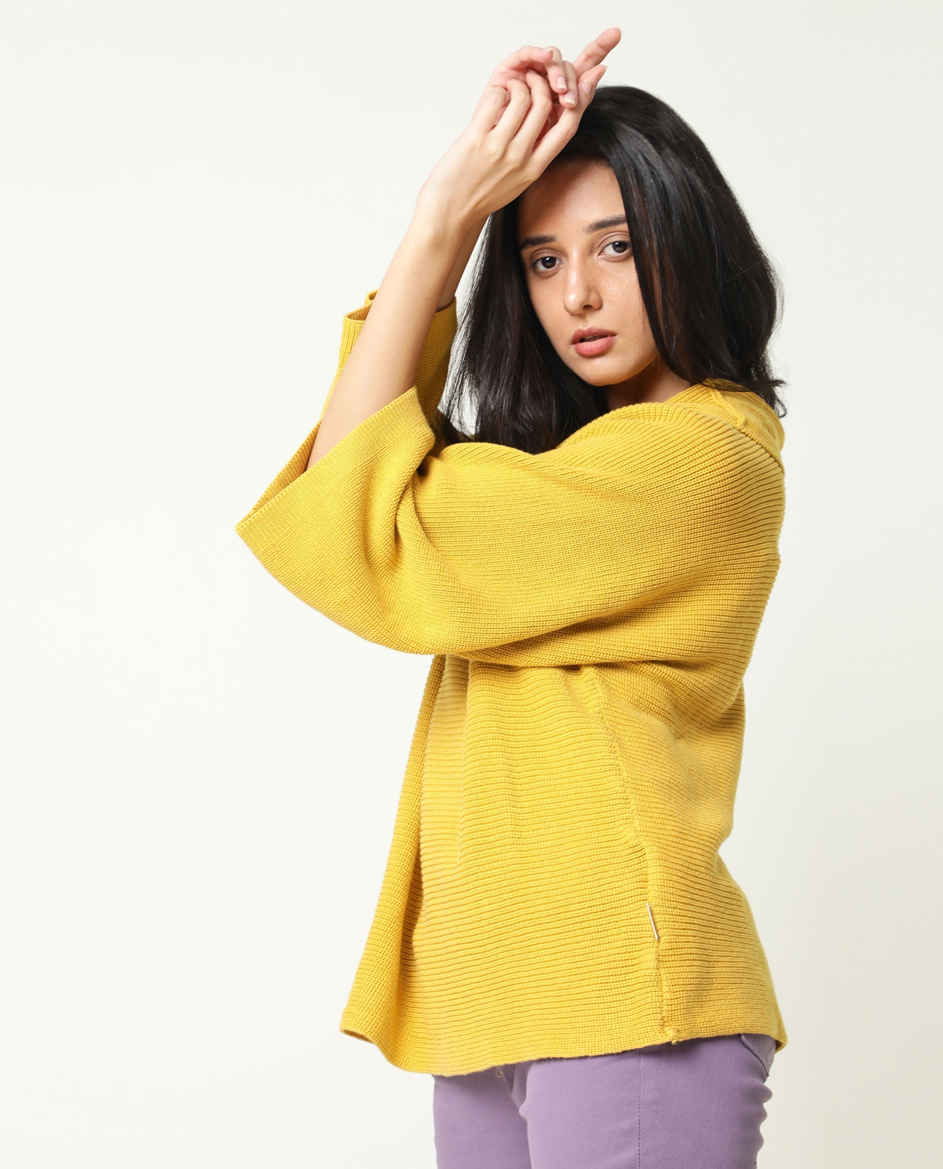 Rareism Women Cleo Mustard 3/4Th Sleeves Relaxed Fit Solid Cowl Neck Sweater