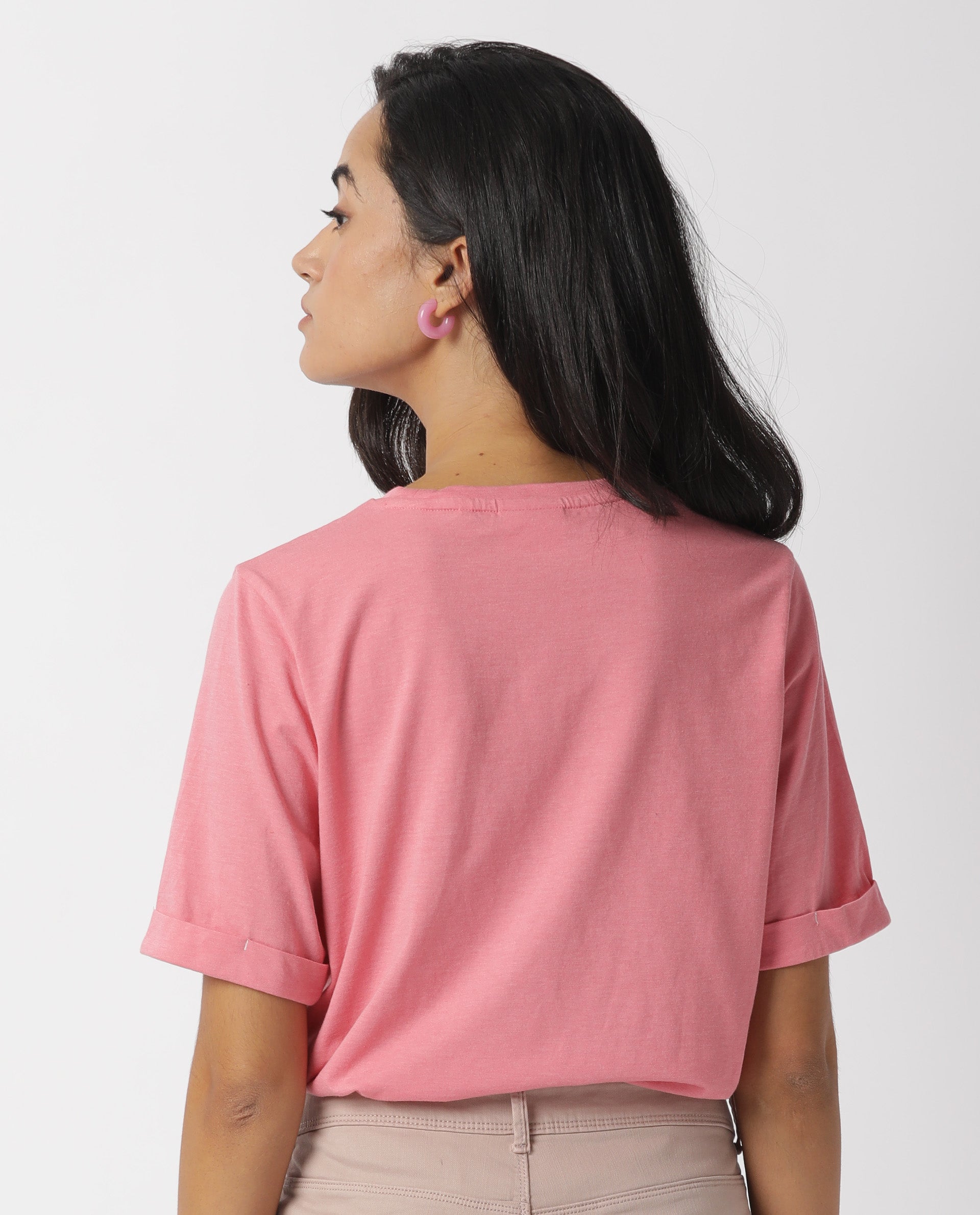 Rareism Women Nova Tee 2 Pink Cotton Fabric Regular Fit Half Sleeves Solid Round Neck T-Shirt