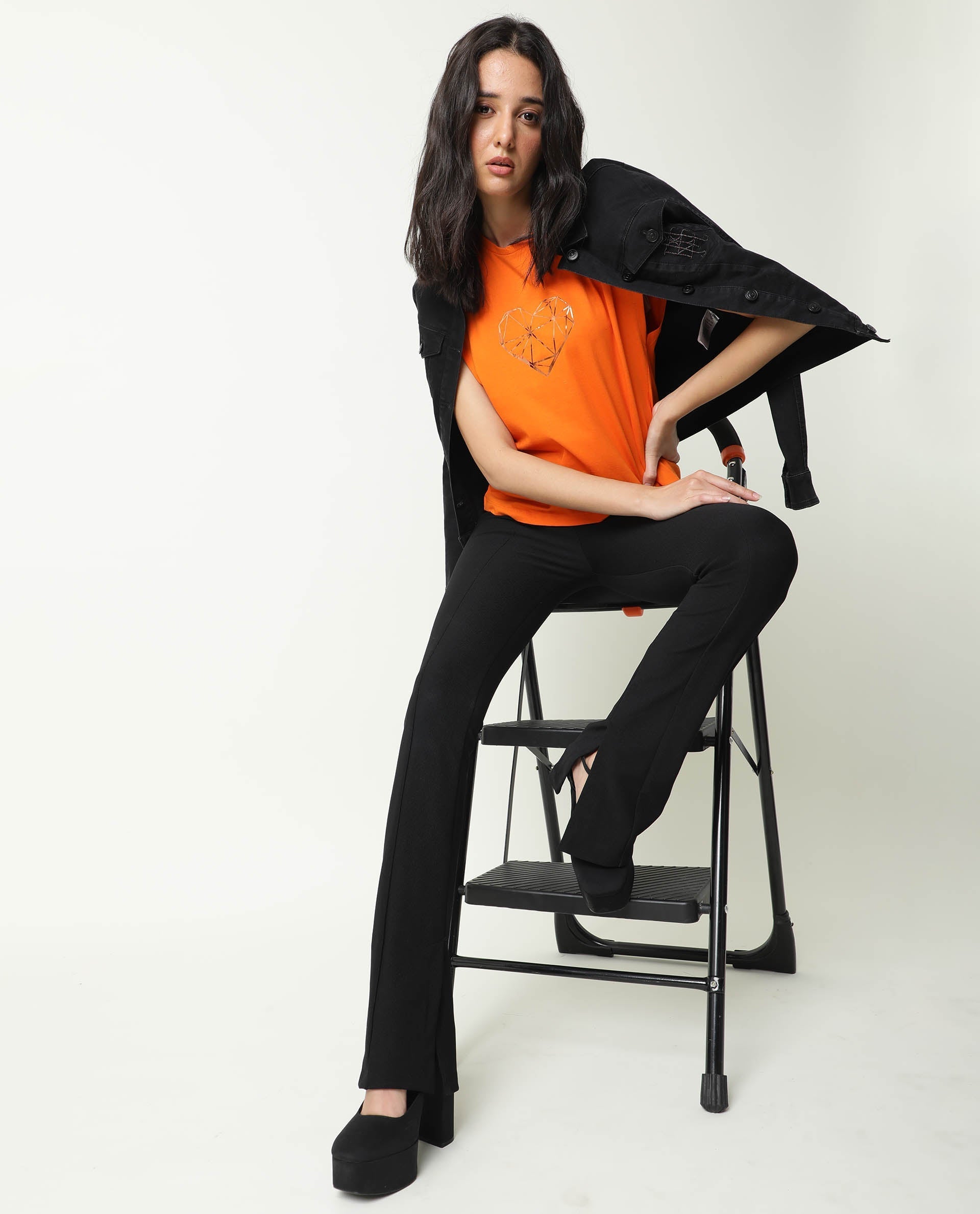 Rareism Women Race Orange Cotton Fabric Regular Fit Half Sleeves Graphic Print Round Neck T-Shirt