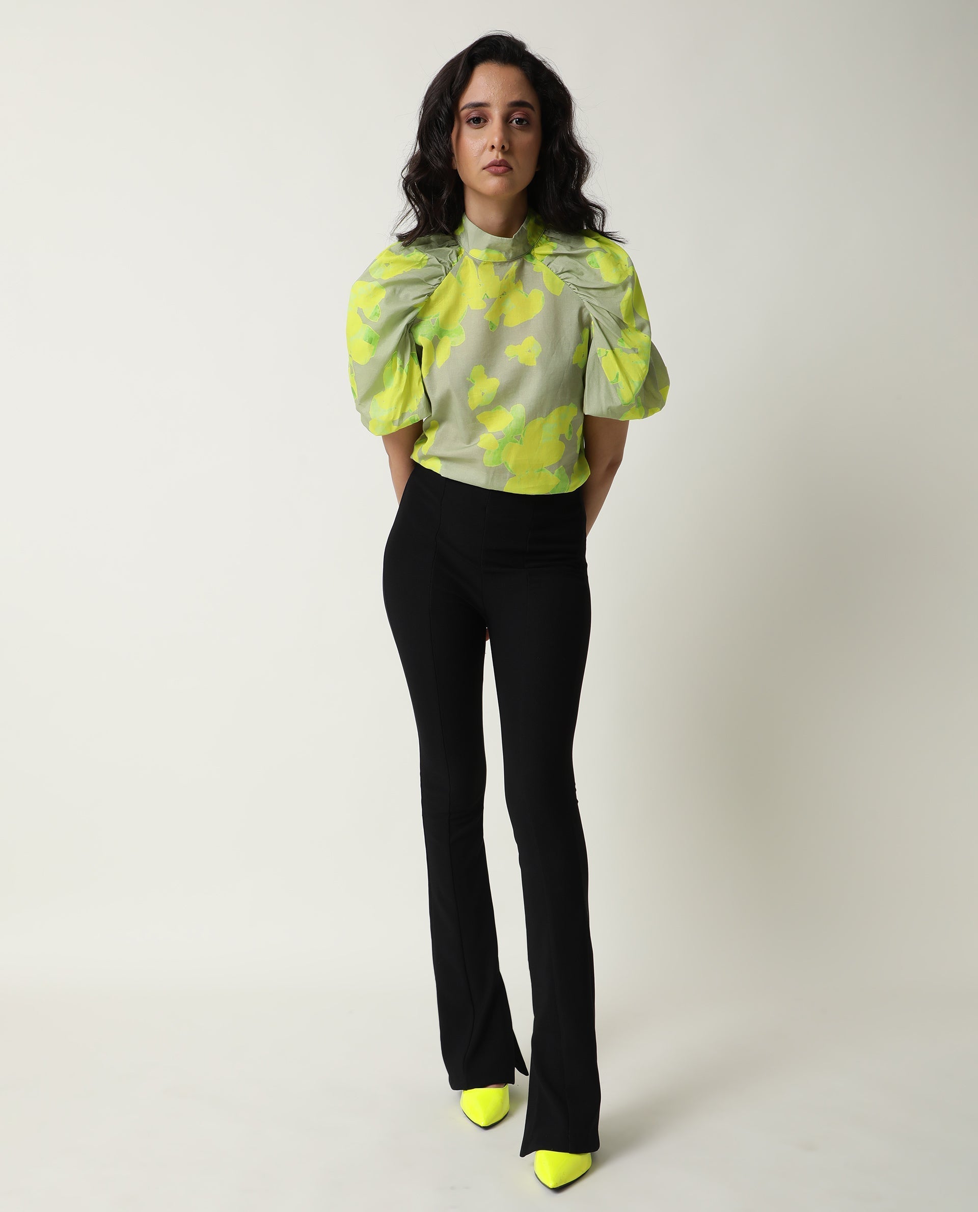 Rareism Women's Lagger Green Cotton High Neck Abstract Print Regular Fit Top