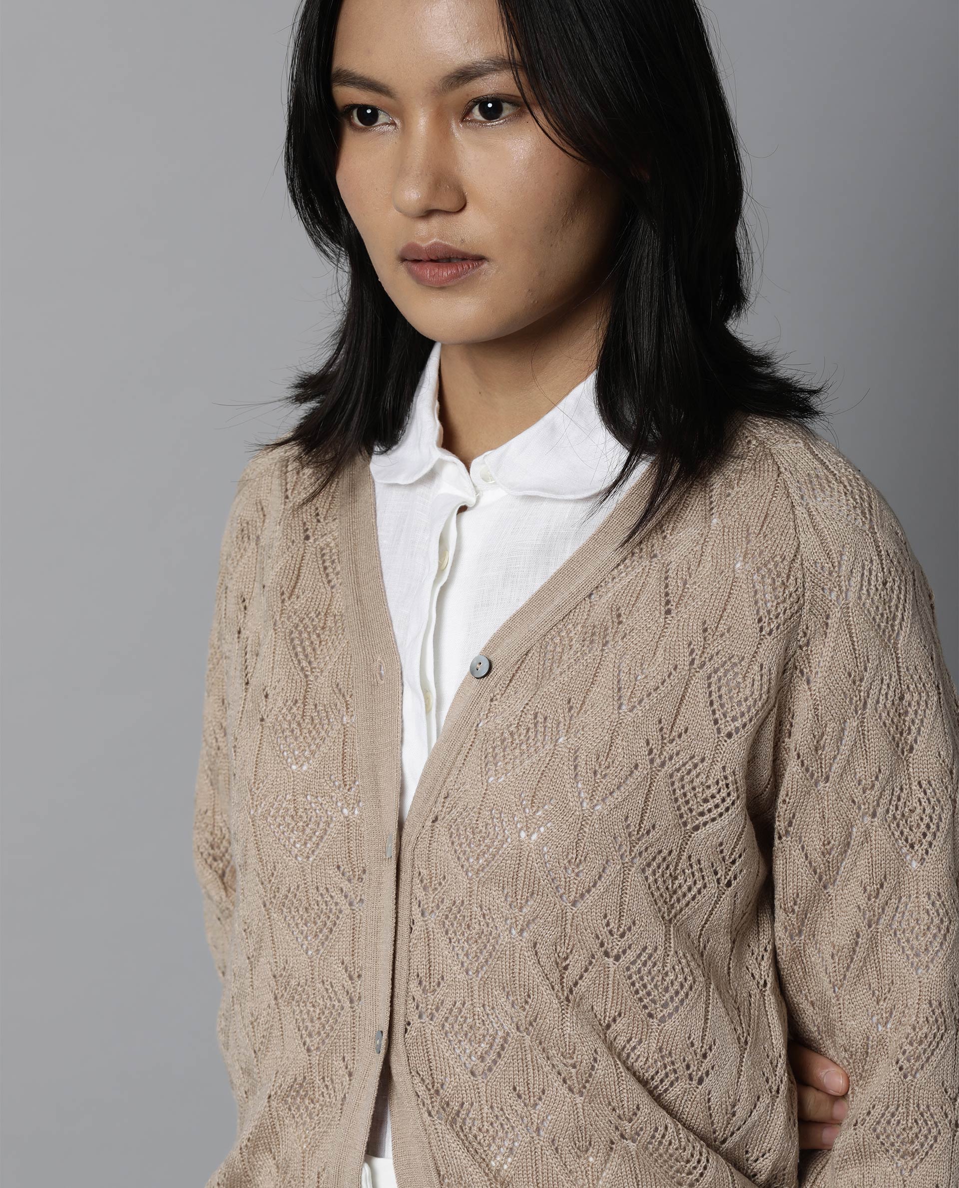 Rareism Women Adorn Beige Full Sleeves Regular Fit Solid V-Neck Sweater