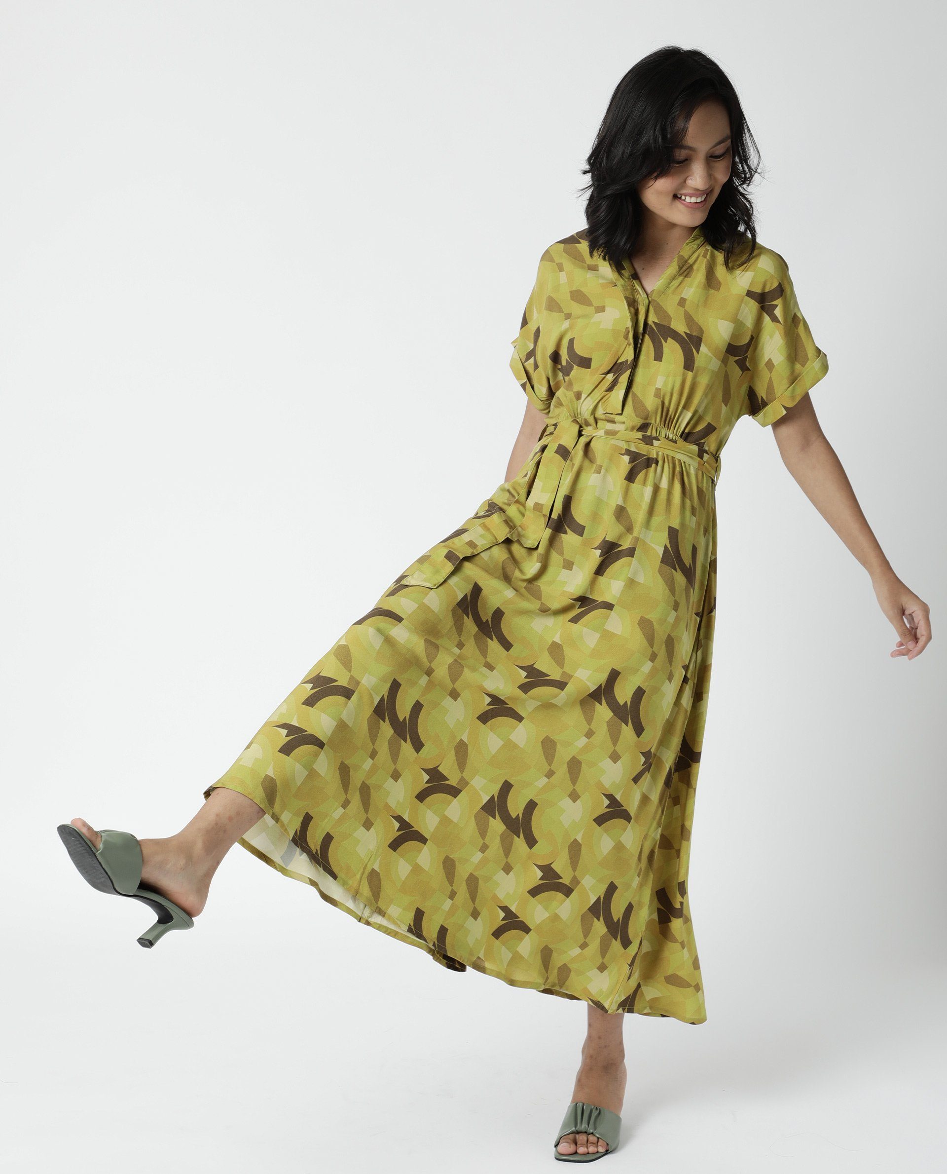 Rareism Womens Jordan Green Dress Cotton Silk Fabric Relaxed Fit Drop Shoulder Half Sleeve A Line Dress Long Length