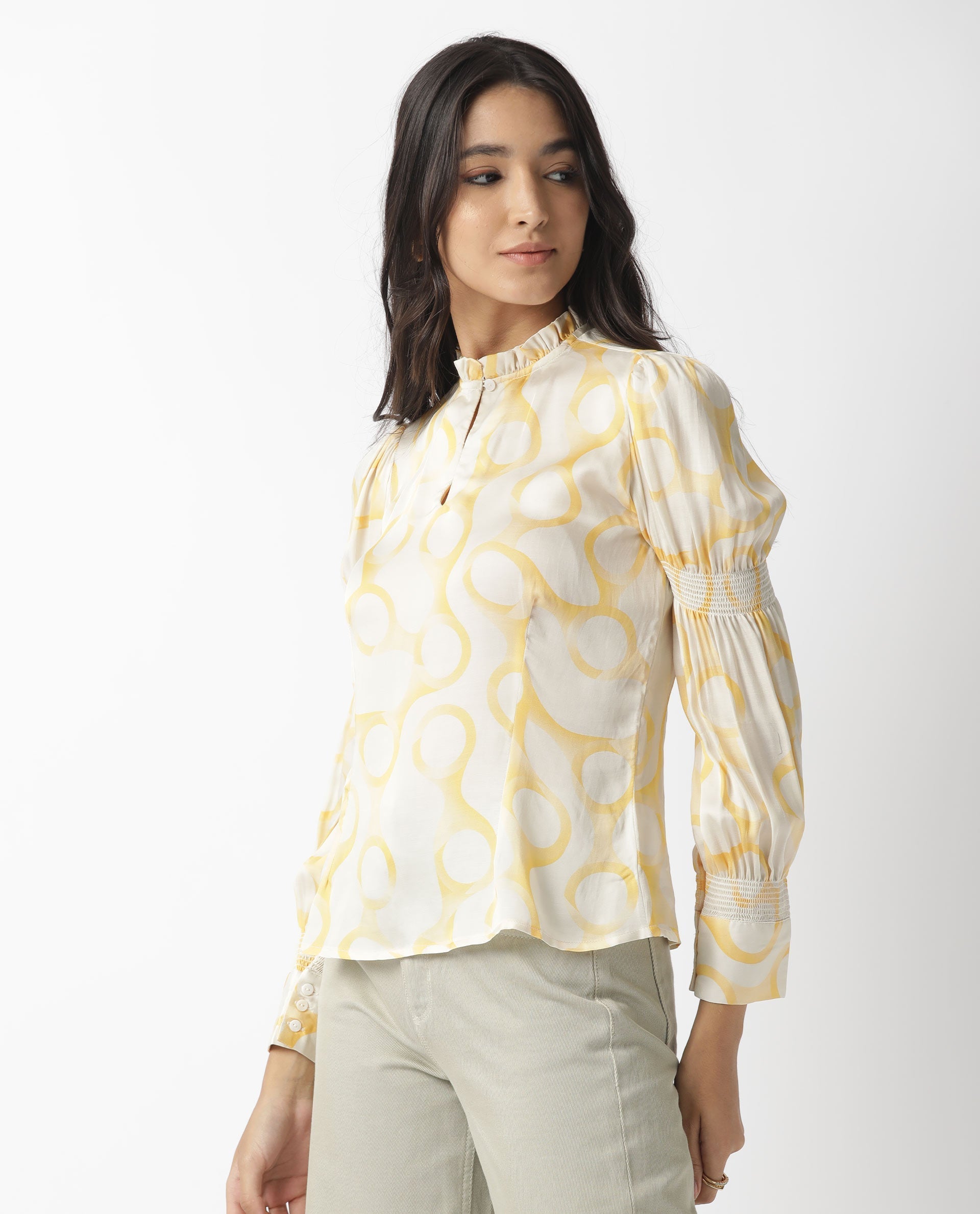 Rareism Women's Emm Offwhite Modal Blend Sweetheart Neck Printed Ruffled Sleeve Slim Fit Top