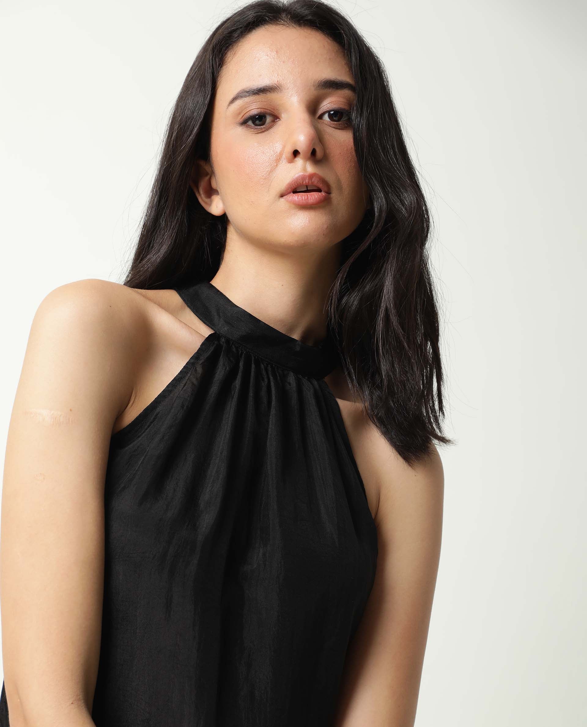 Rareism Women Sahano Black Poly Viscose Fabric Slim Fit Halter Neck Sleeveless Solid Top