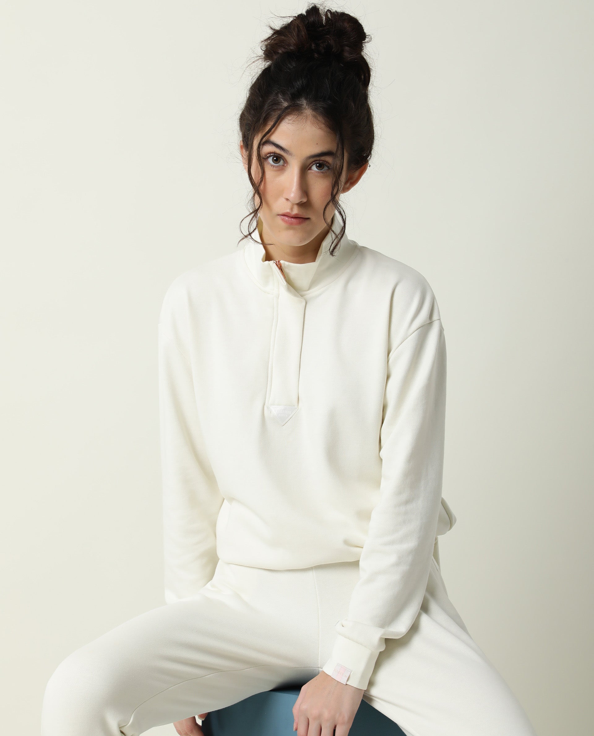 Rareism Women Taffy-1 Off White Relaxed Fit Full Sleeves Solid High Neck Sweatshirt