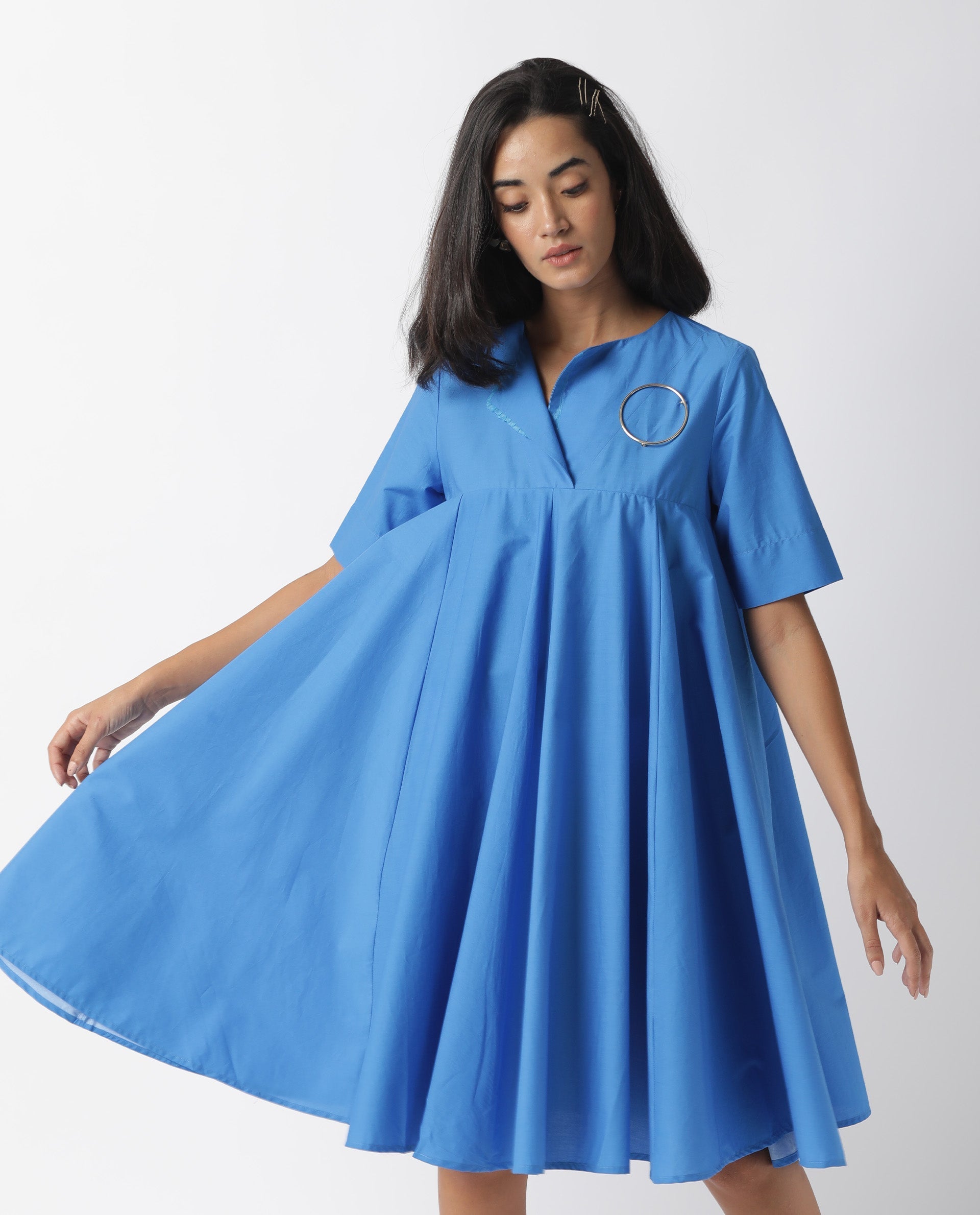 Rareism Women's Array Blue Cotton Lapel Neck Plain Knee Length Relaxed Fit Dress