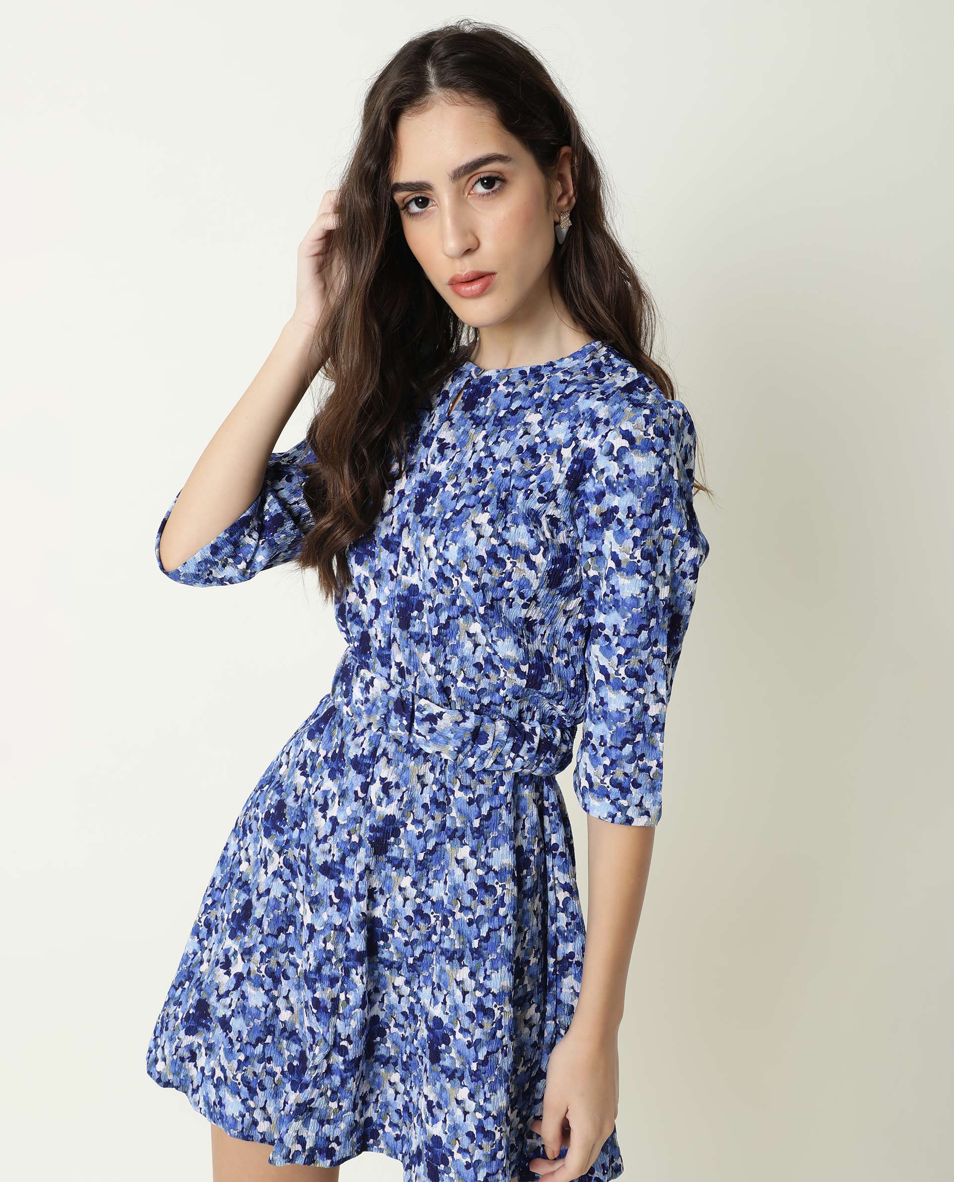 Rareism Womens Maisey Blue Dress Polycoton Fabric Half Sleeve Round Neck