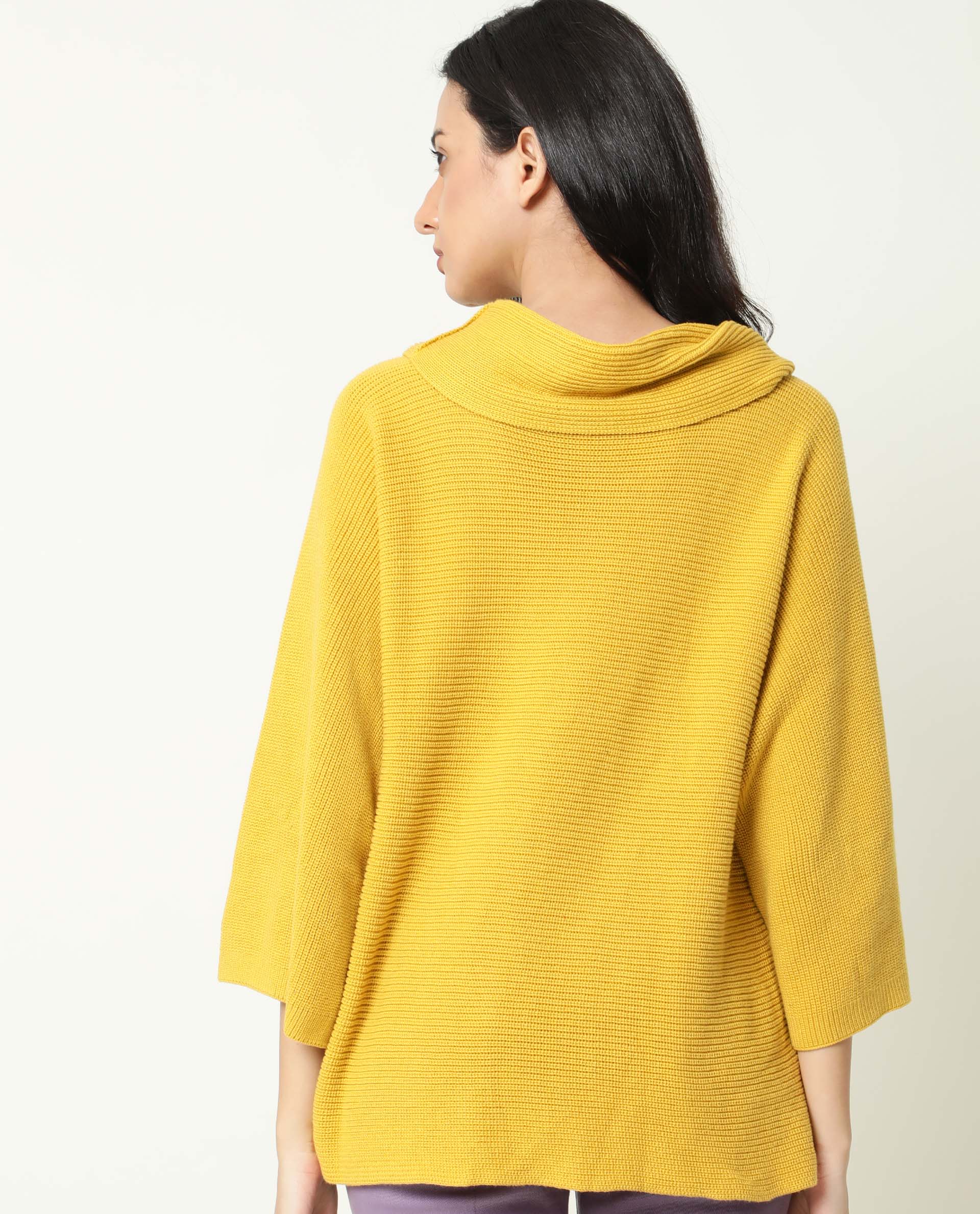 Rareism Women Cleo Mustard 3/4Th Sleeves Relaxed Fit Solid Cowl Neck Sweater