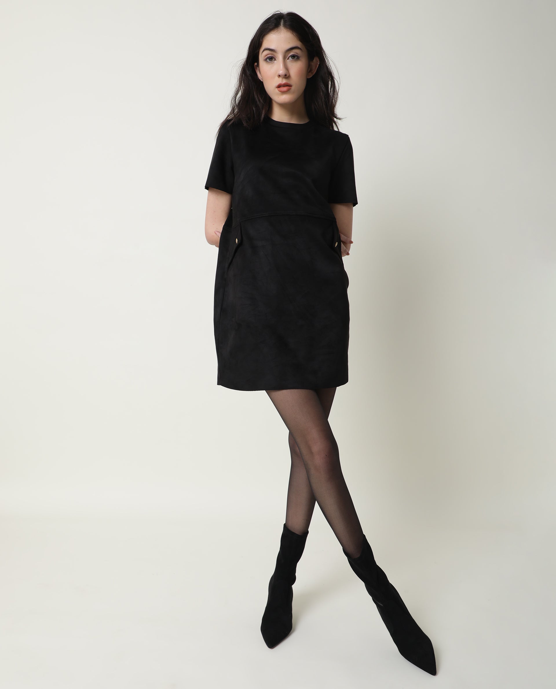 Rareism Women's Sions Black Crew Neck Plain Knee Length Tailored Dress