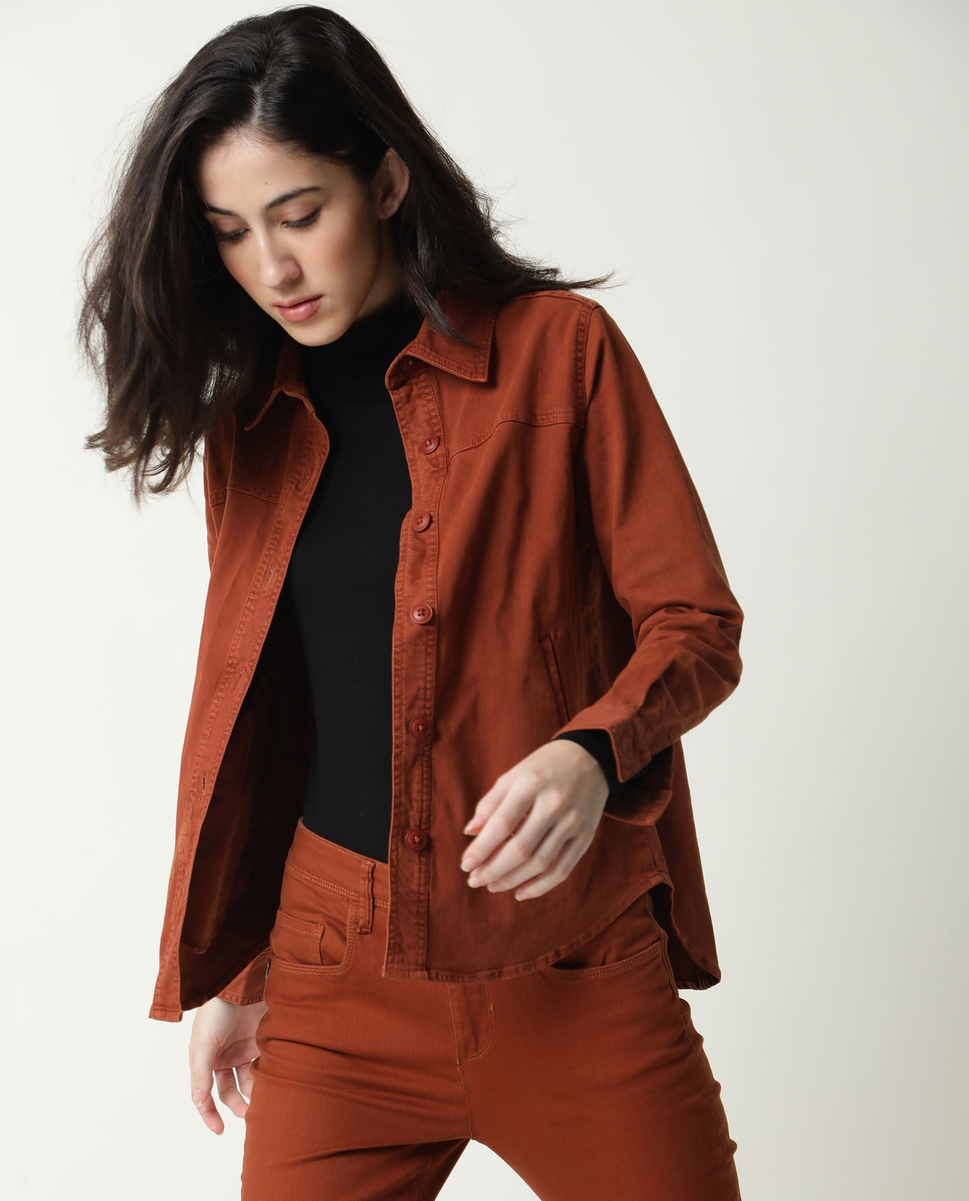 Rareism Women Mission Rust Cotton Lycra Fabric Full Sleeves Solid Shirt Collar Jacket