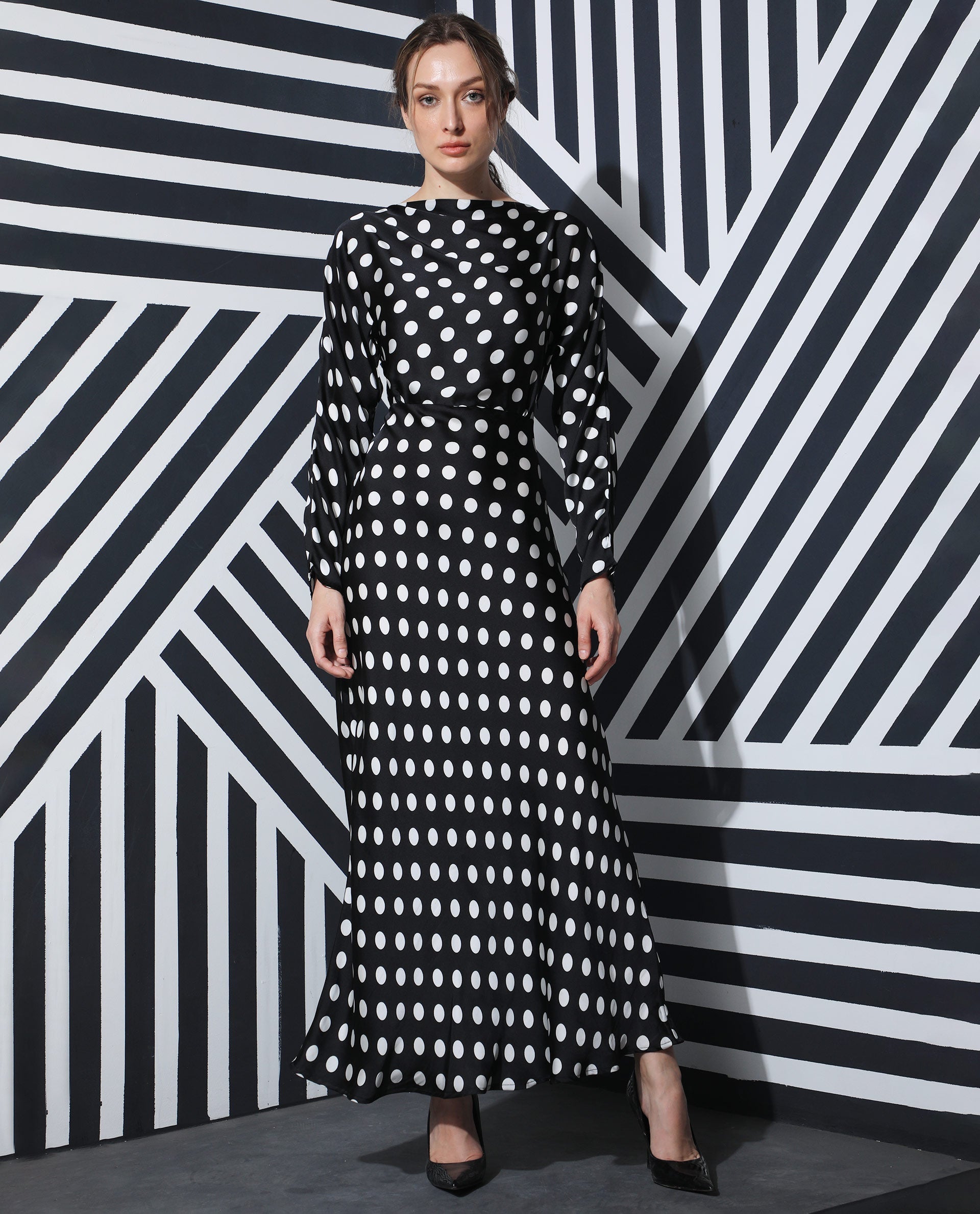 Rareism Women Alsus Black Polka Print Boat Neck Full Sleeves Maxi Dress