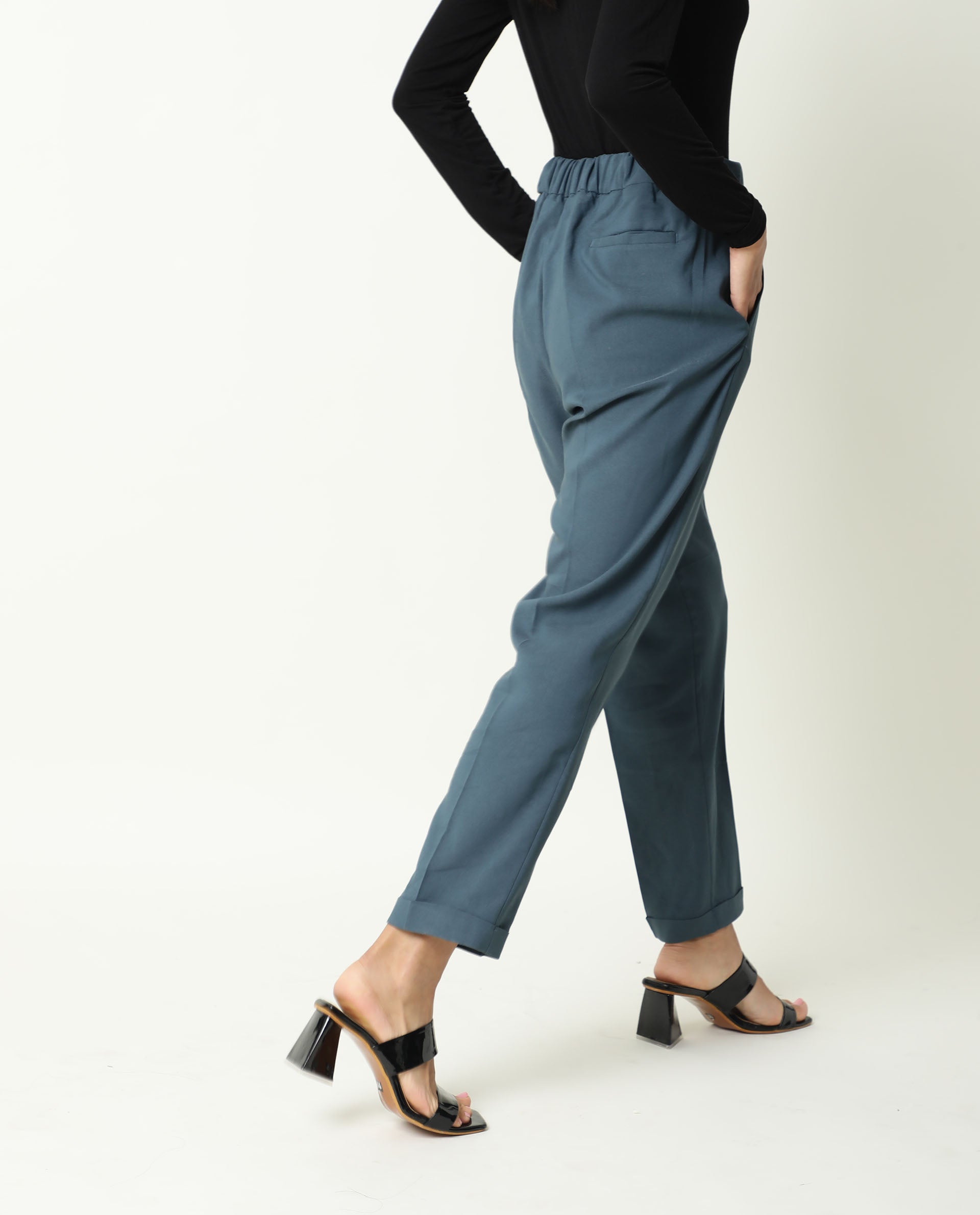 Rareism Women's Jeremiah Petrol Polyester Blend Plain Ankle Length Tailored Trouser