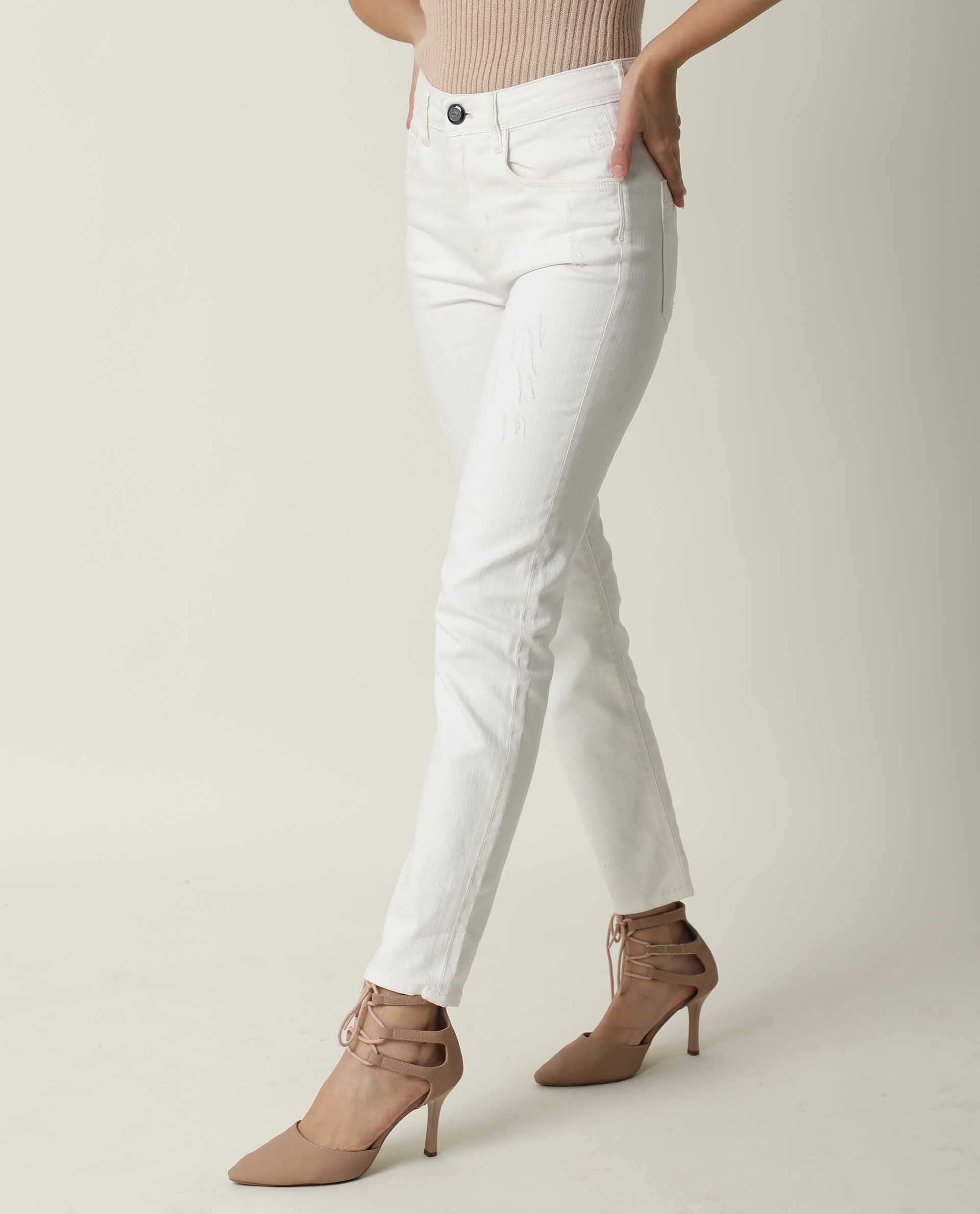 Rareism Women Gara White Cotton Fabric Mid Rise Solid Tailored Fit Ankle Length Jeans