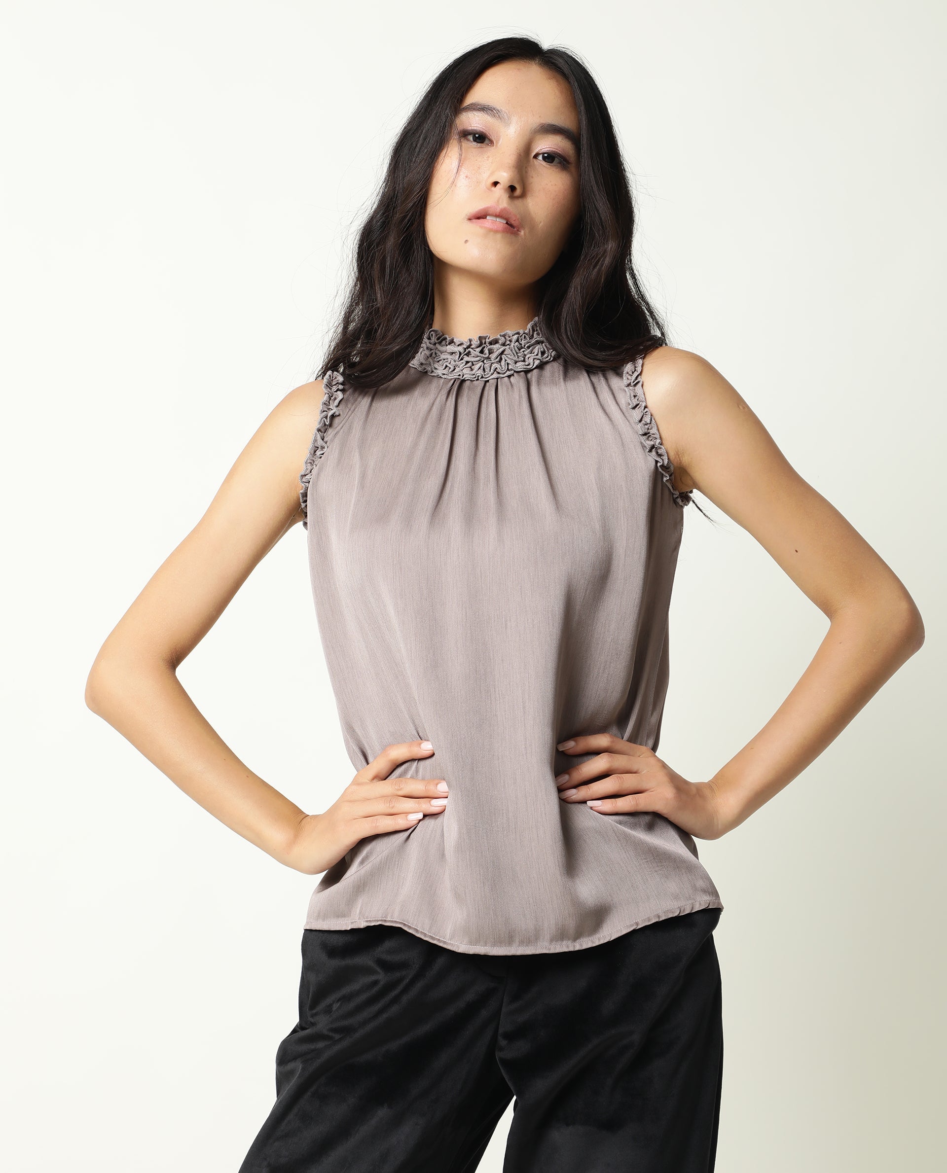 Rareism Womens Baileys Beige Top Polyester Fabric Sleeveless Ruffled Neck