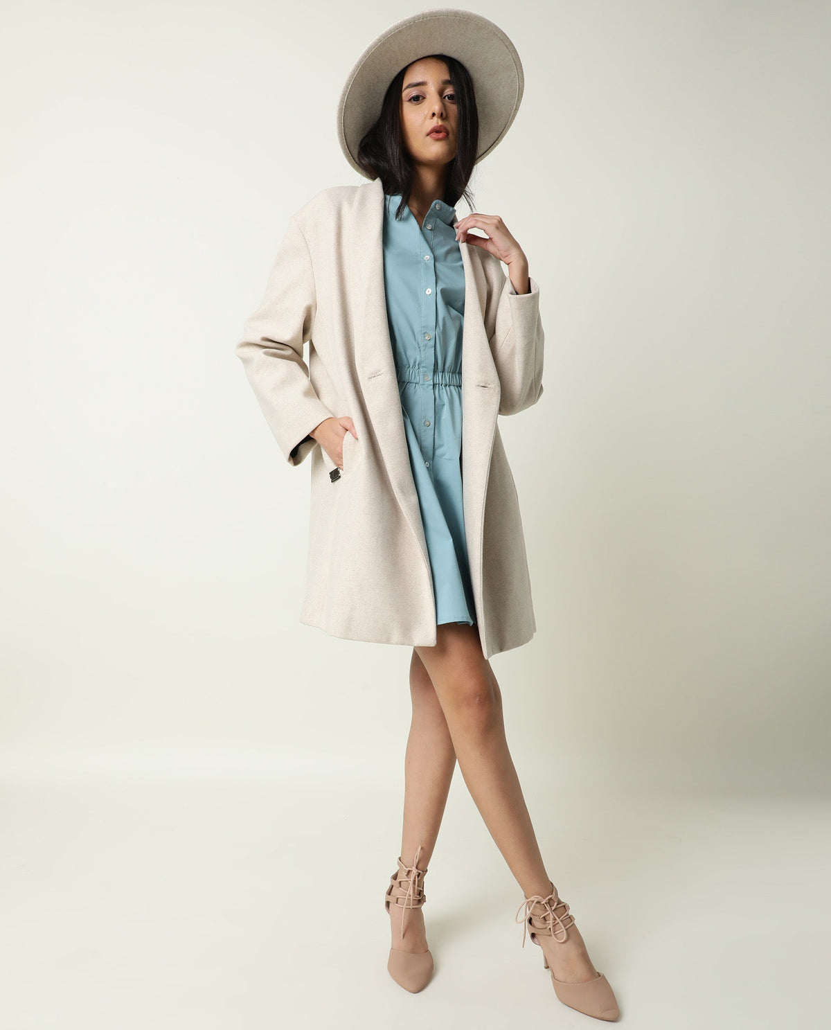 Rareism Women Darla Blue Mandarin Collar Full Front Button Closure Placket With Full Sleeves And Pocket Mini Dress