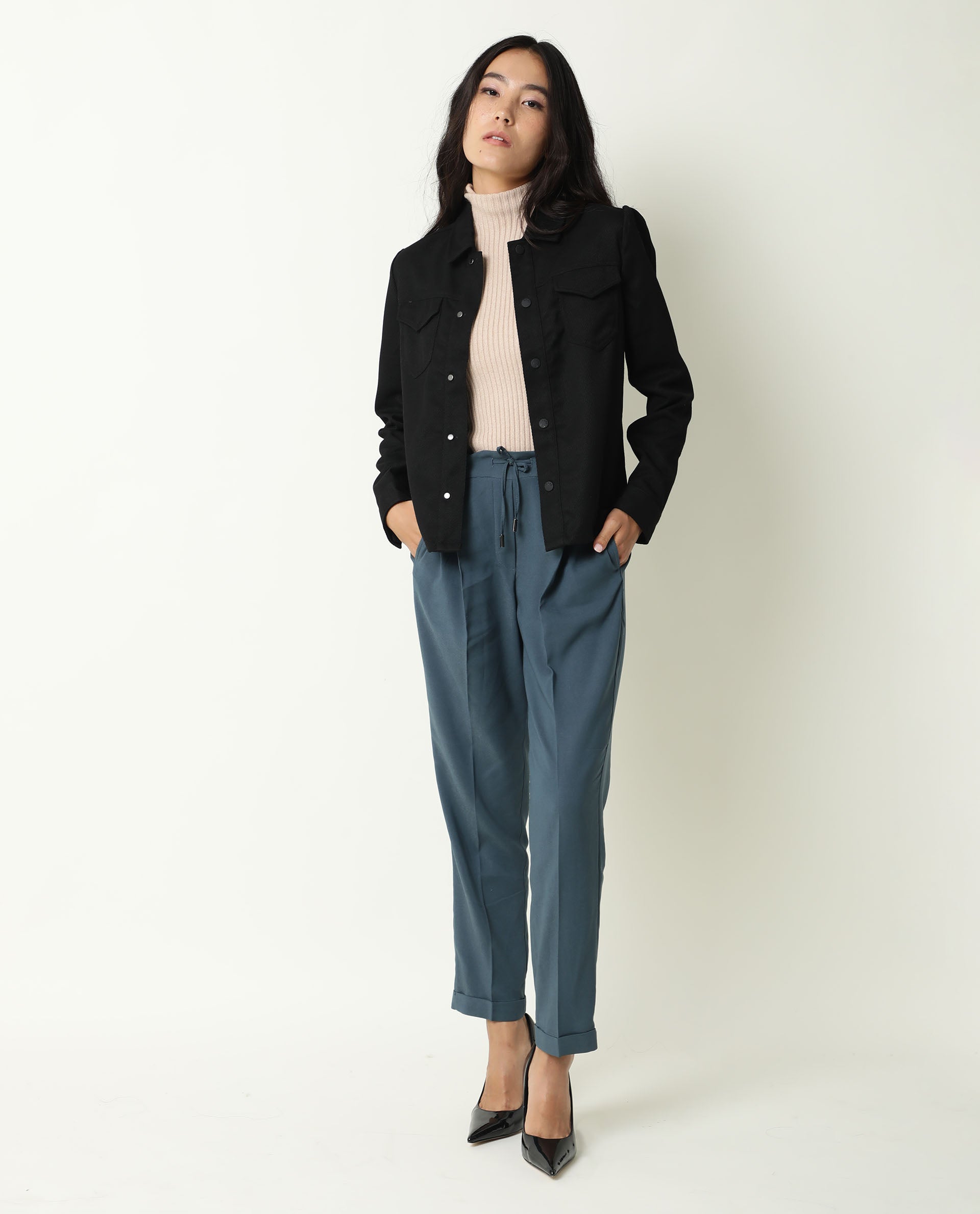 Rareism Women's Jeremiah Petrol Polyester Blend Plain Ankle Length Tailored Trouser