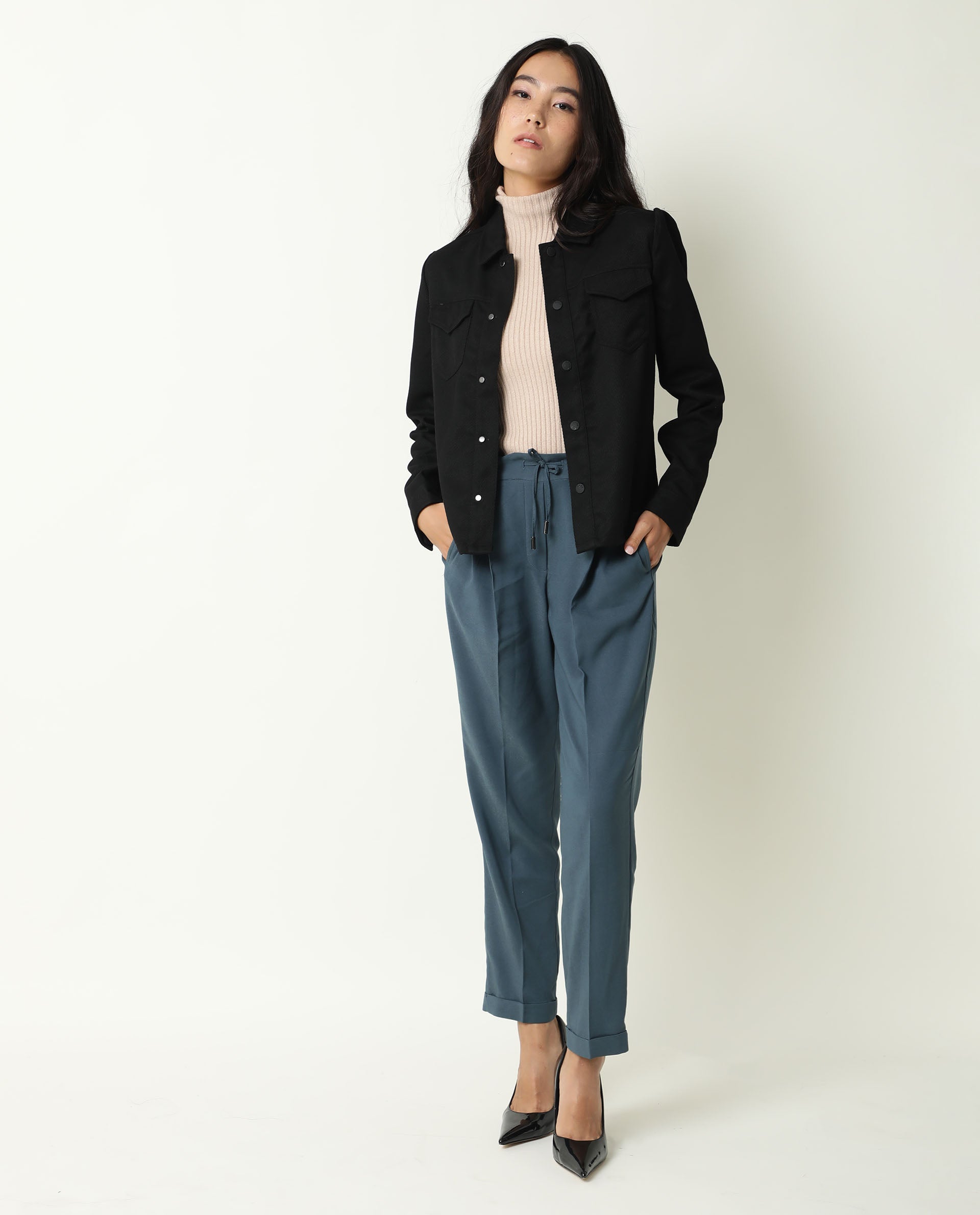 Rareism Women Taz Black Jacket Full Sleeves Solid