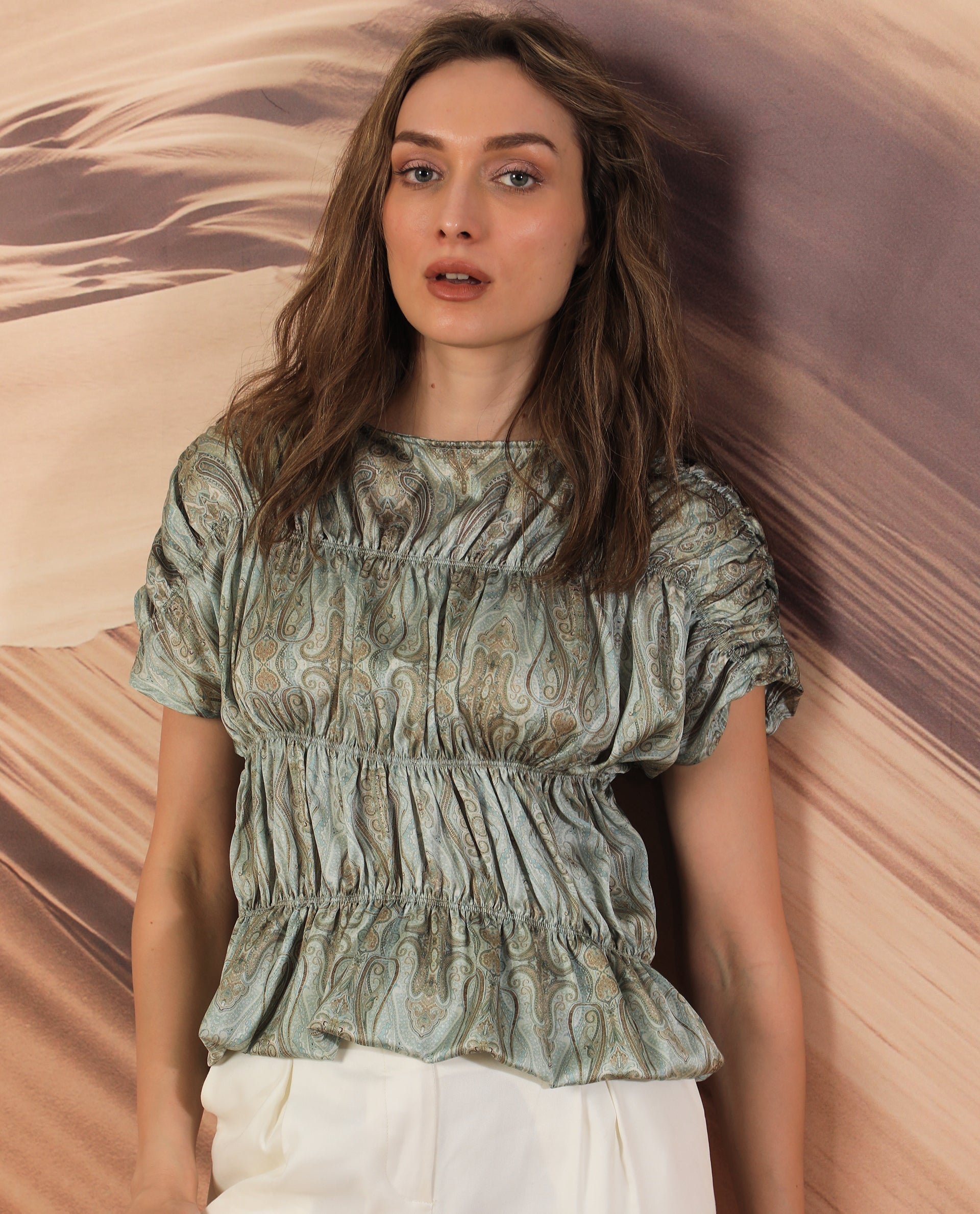 Rareism Women's Edney Green Polyester Boat Neck Paisley Print Extended Sleeves Relaxed Fit Top