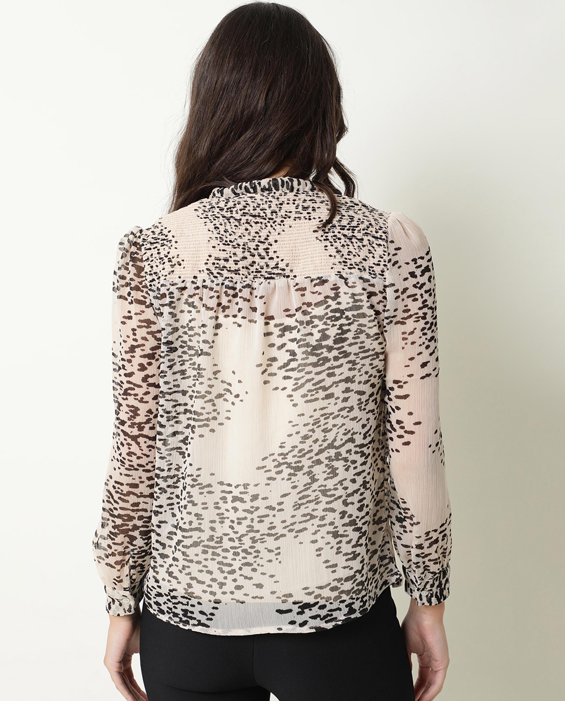 Rareism Women Claude Light Beige Polyester Fabric Regular Fit Tie-Up Neck Full Sleeves Abstract Print Top