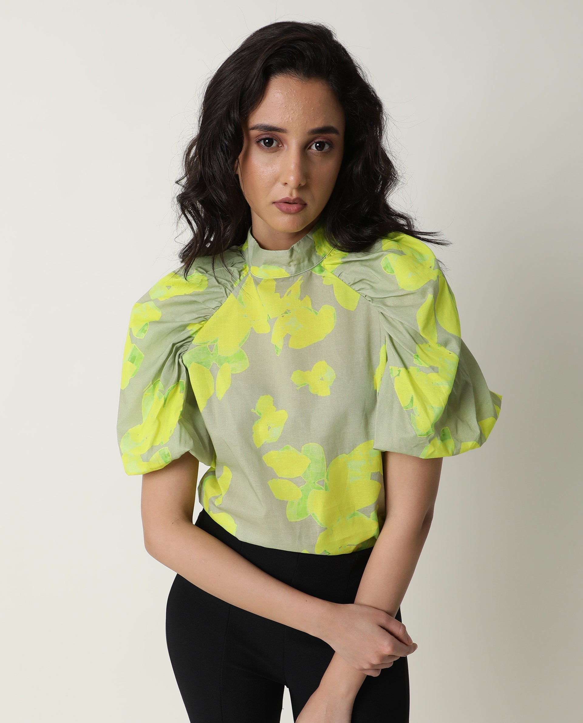 Rareism Women's Lagger Green Cotton High Neck Abstract Print Regular Fit Top