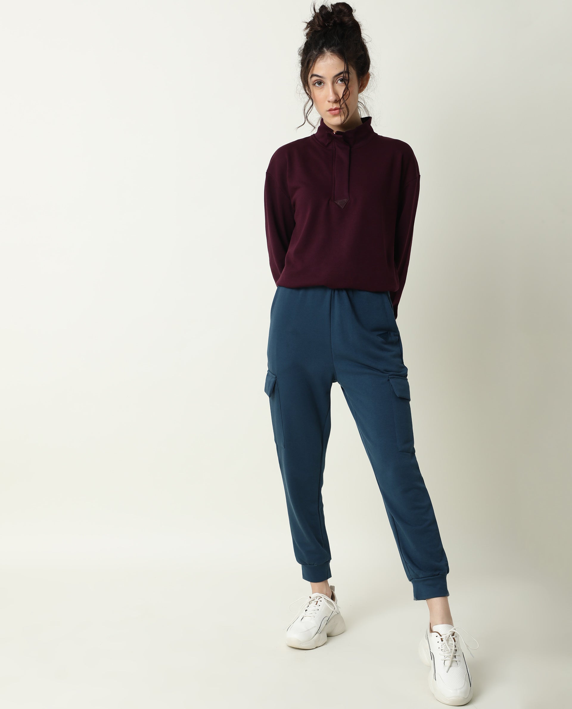 Rareism Women Nush-1 Petrol Poly Cotton Fabric Regular Fit Solid Mid Rise Ankle Length Track Pant