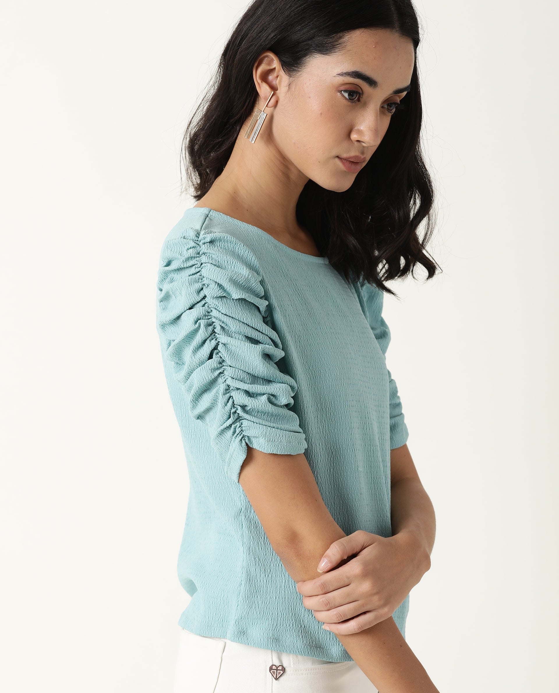 Rareism Women's Frozen Green Cotton Boat Neck Plain Ruffled Sleeve Regular Fit Top