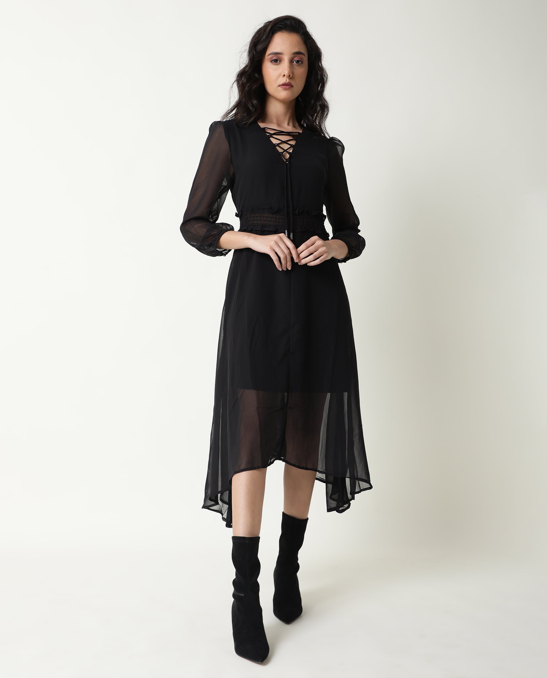 Rareism Women's Ommet Black V-Neck Plain Knee Length Regular Fit Dress
