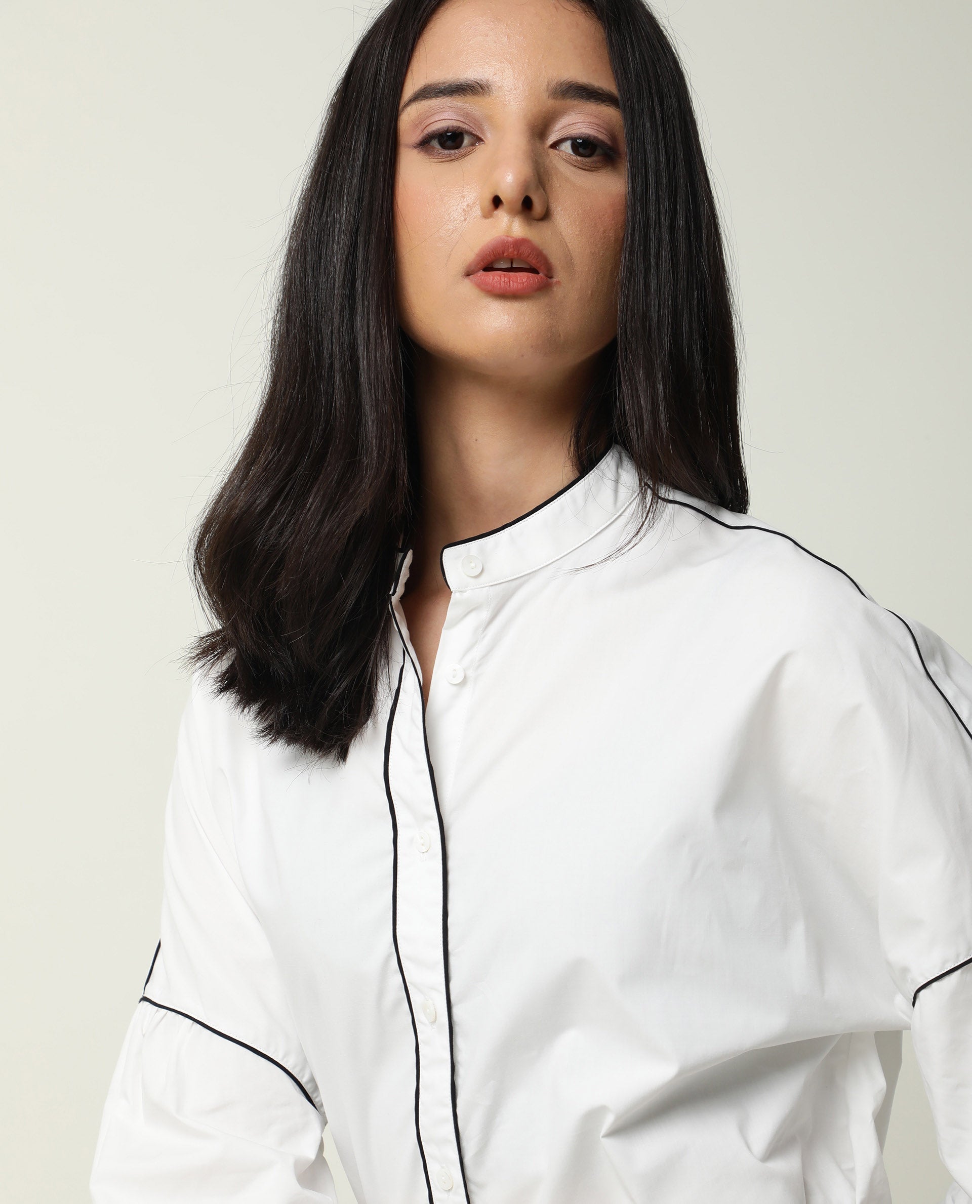Rareism Womens Baki White Top Cotton Fabric Regular Fit Cuffed Sleeve Collared Neck
