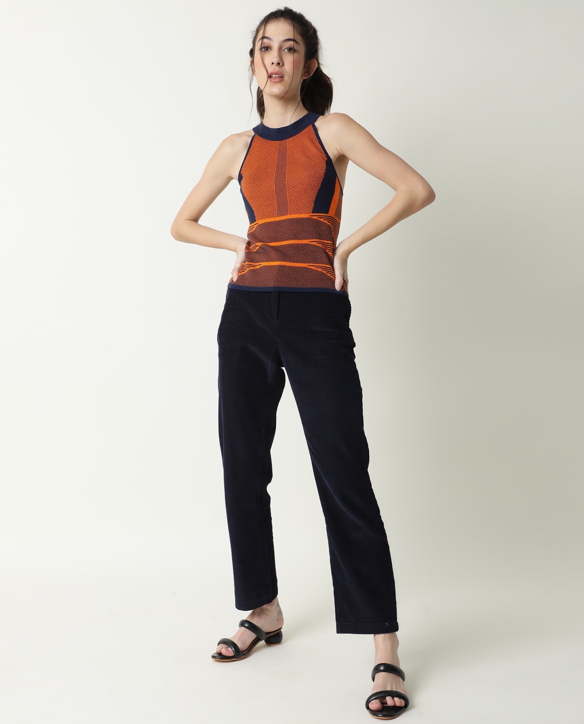 Rareism Women Lila Orange Cotton Fabric Sleeveless Regular Fit Abstract Print Halter Neck Sweater