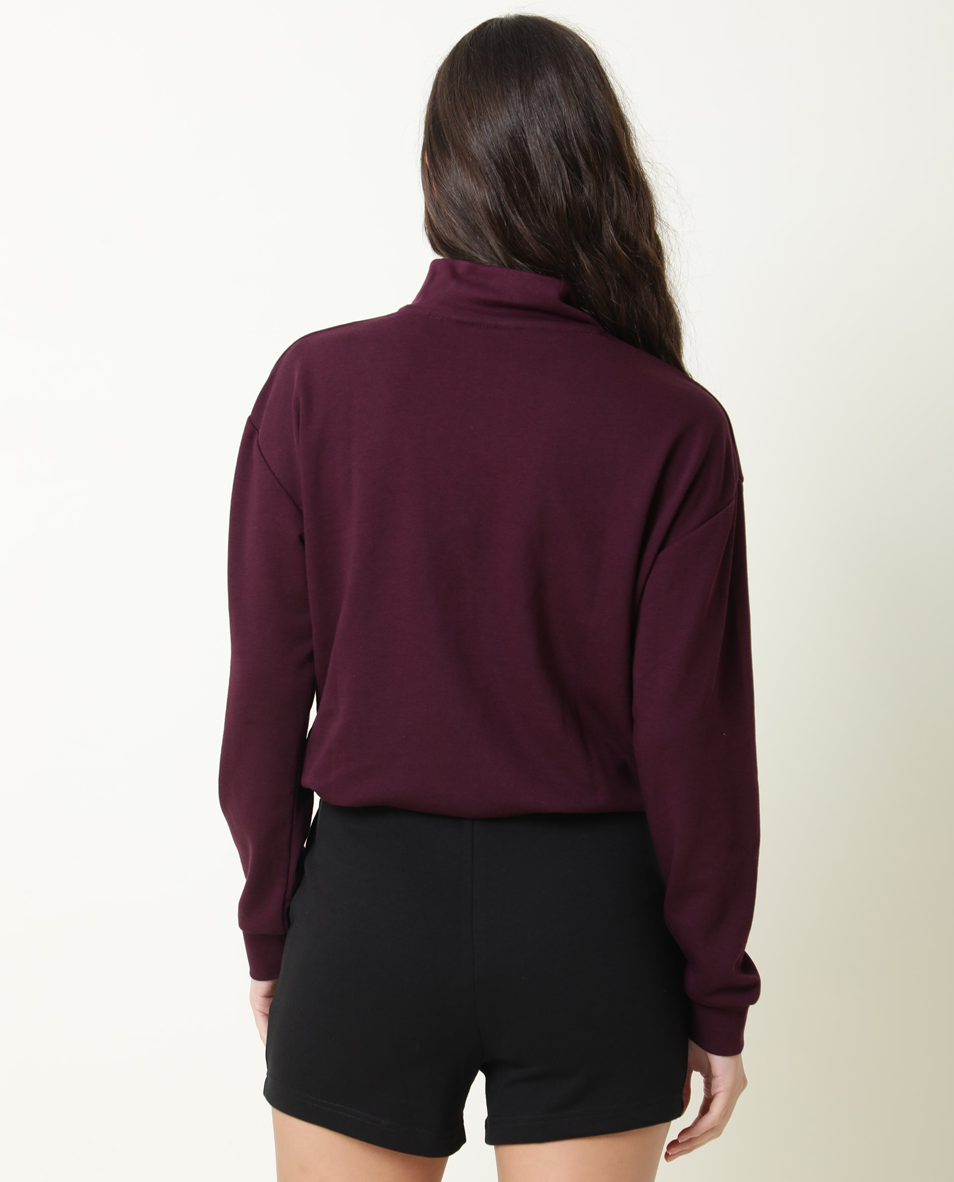 Rareism Women Taffy-1 Dark Purple Relaxed Fit Full Sleeves Solid High Neck Sweatshirt