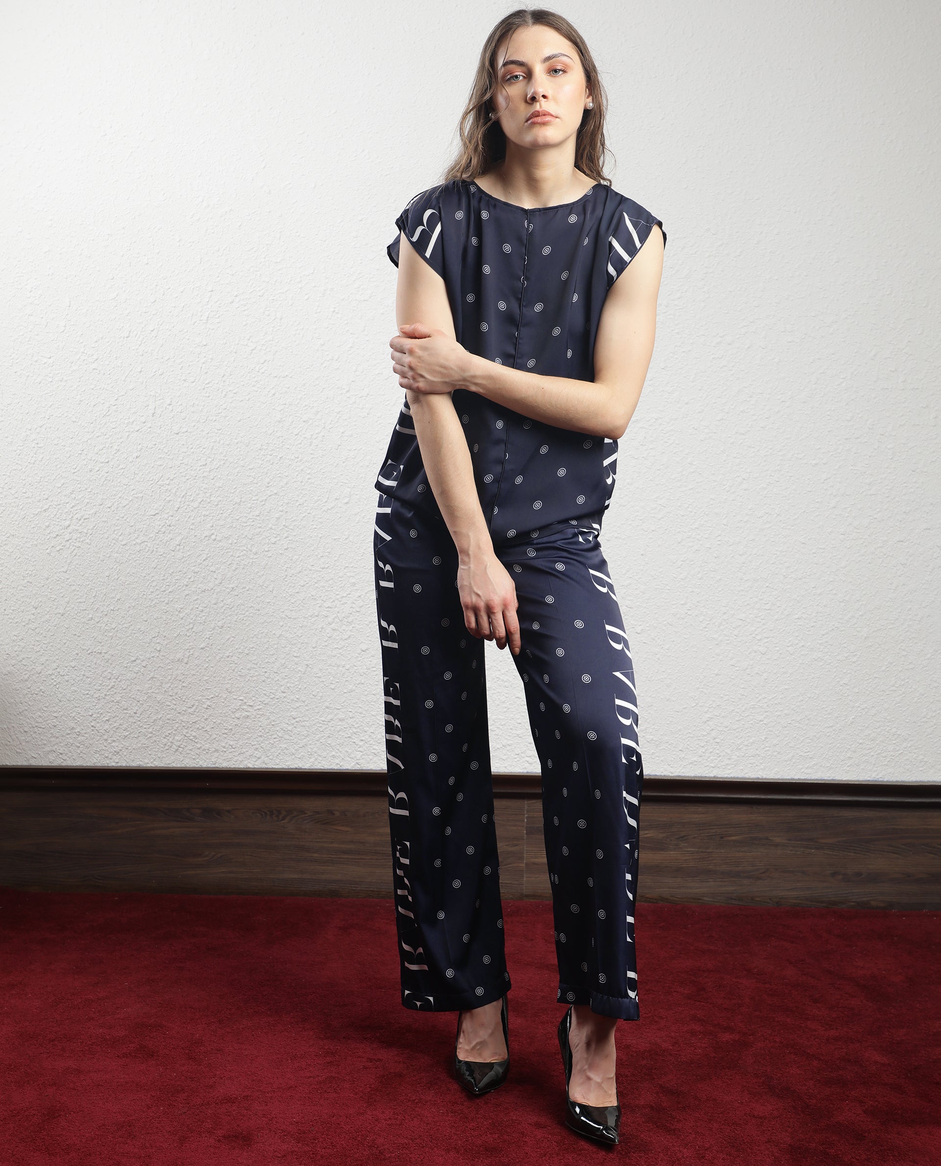 Rareism Women's Adelie Navy Polyester Polka Print Ankle Length Tailored Trouser