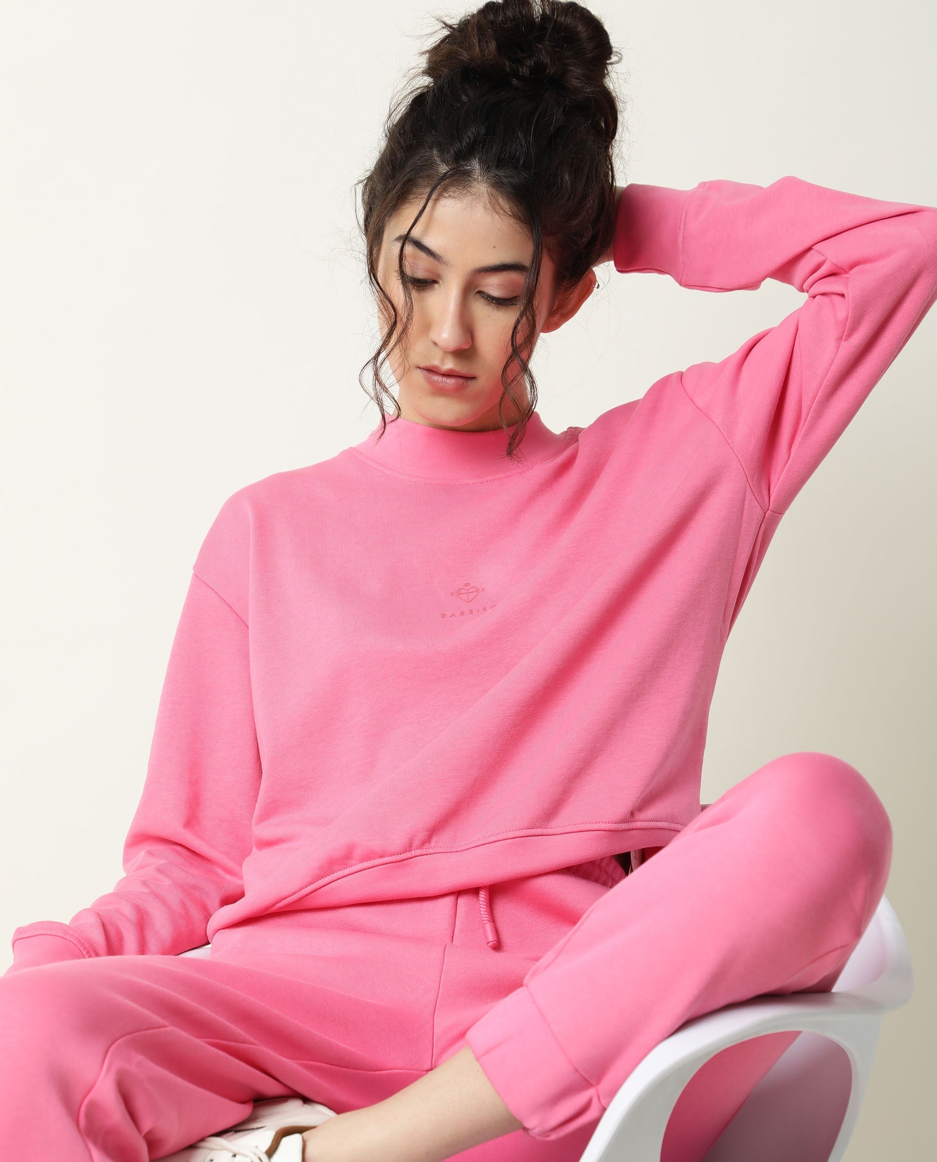 Rareism Women Necker Pink Relaxed Fit Full Sleeves Solid High Neck Sweatshirt