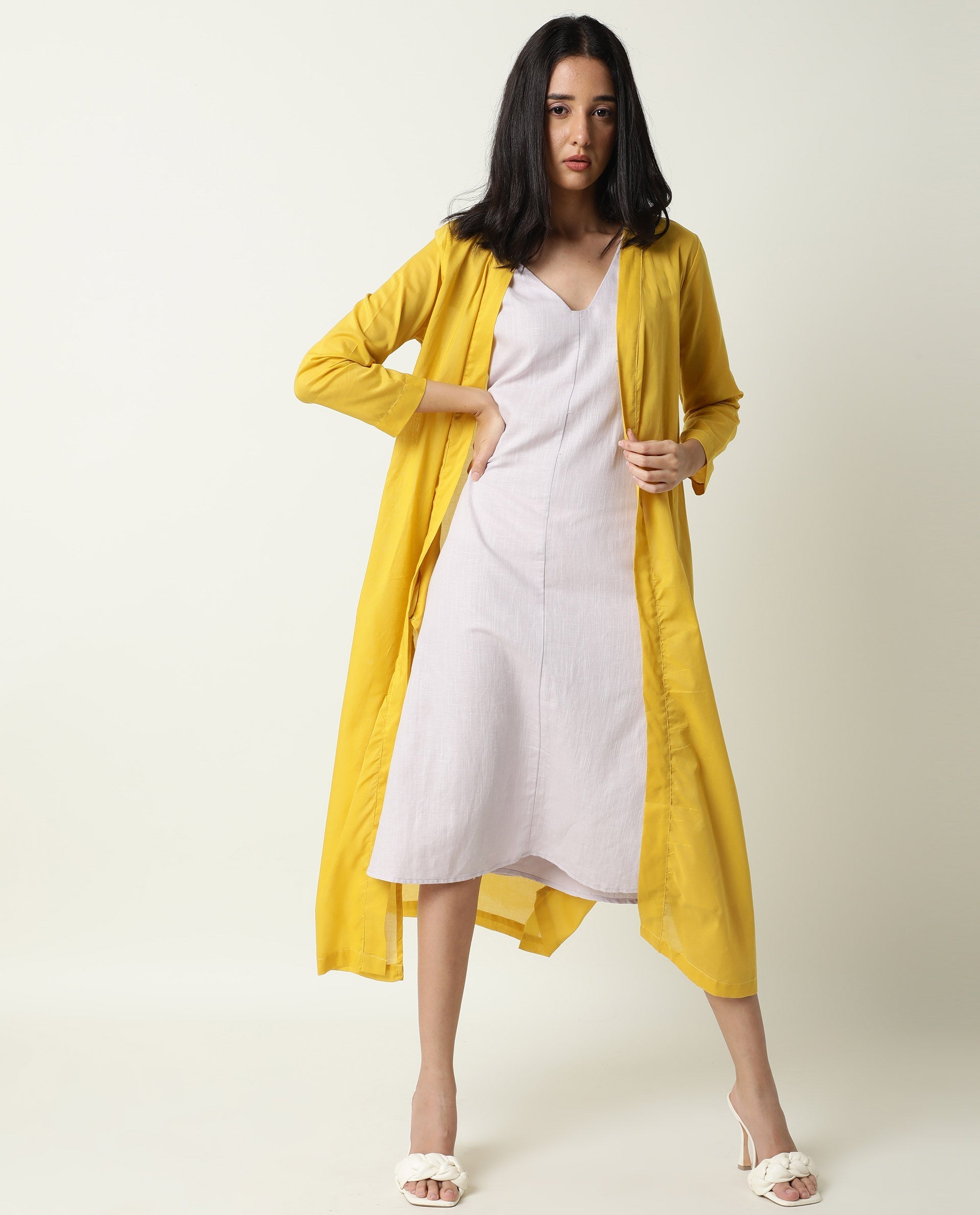 Rareism Women's Java Yellow Cotton Collarless Plain Knee Length Regular Fit Shrug