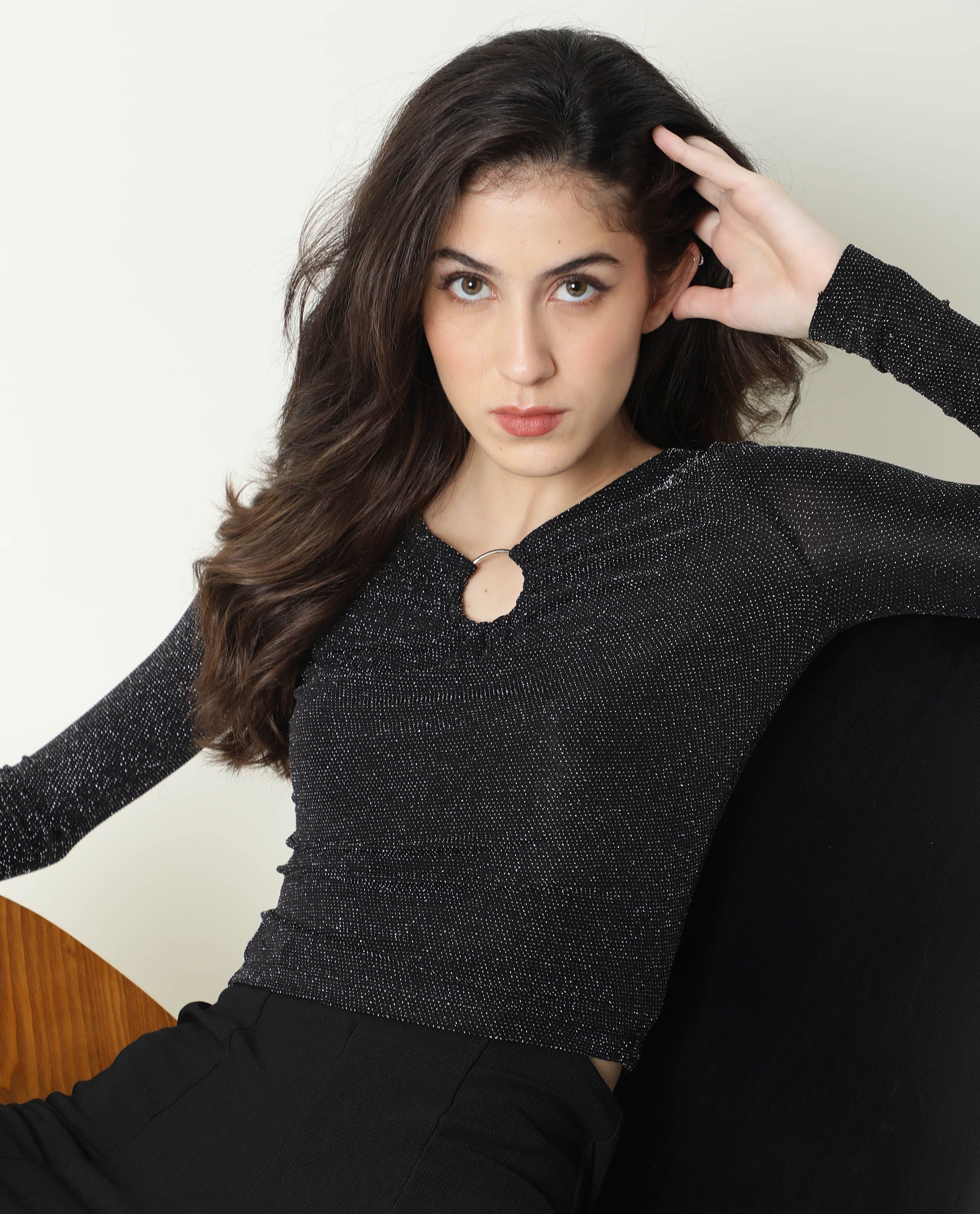 Rareism Women Ring Black Top Nylon Fabric Full Sleeves Solid