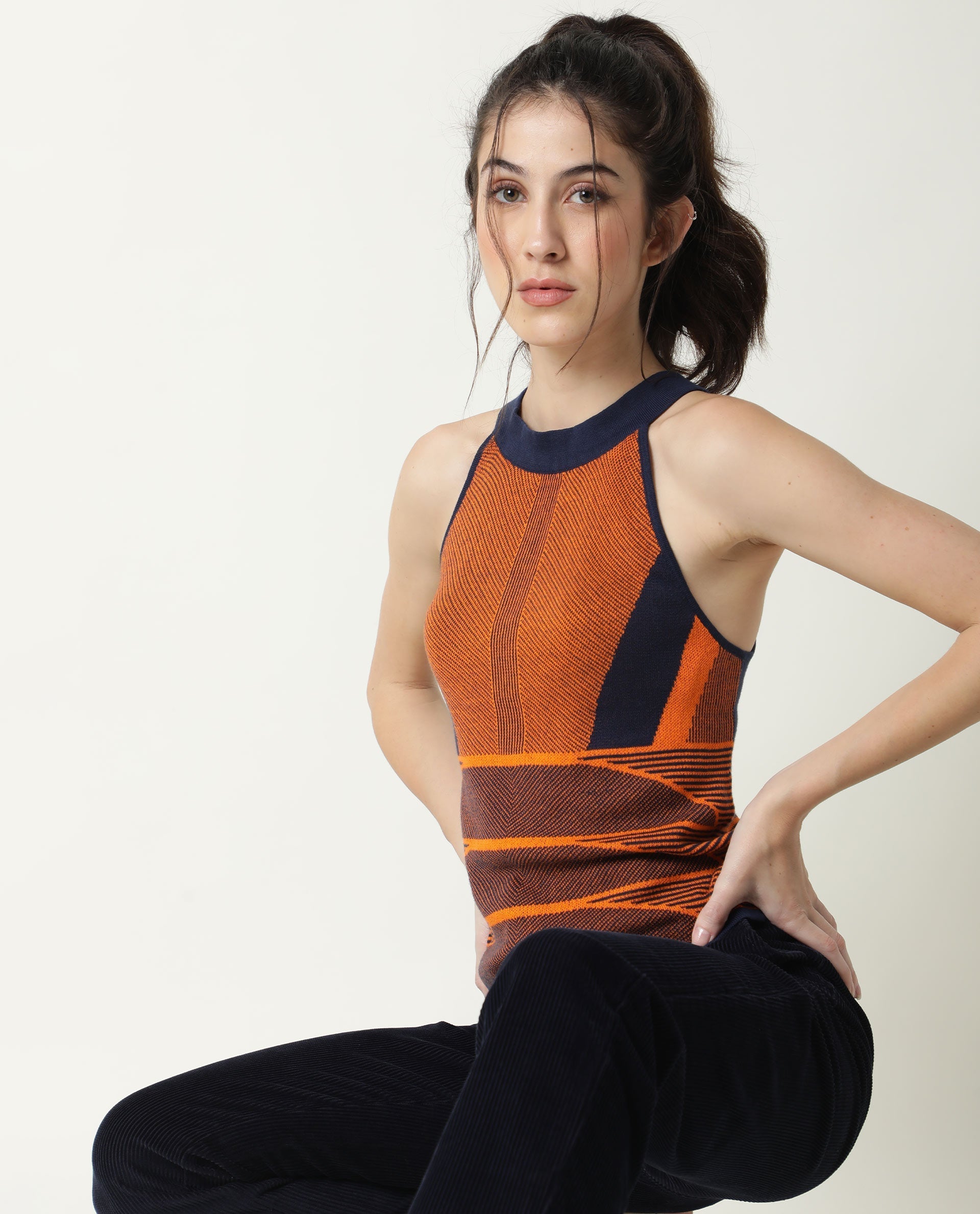 Rareism Women Lila Orange Cotton Fabric Sleeveless Regular Fit Abstract Print Halter Neck Sweater