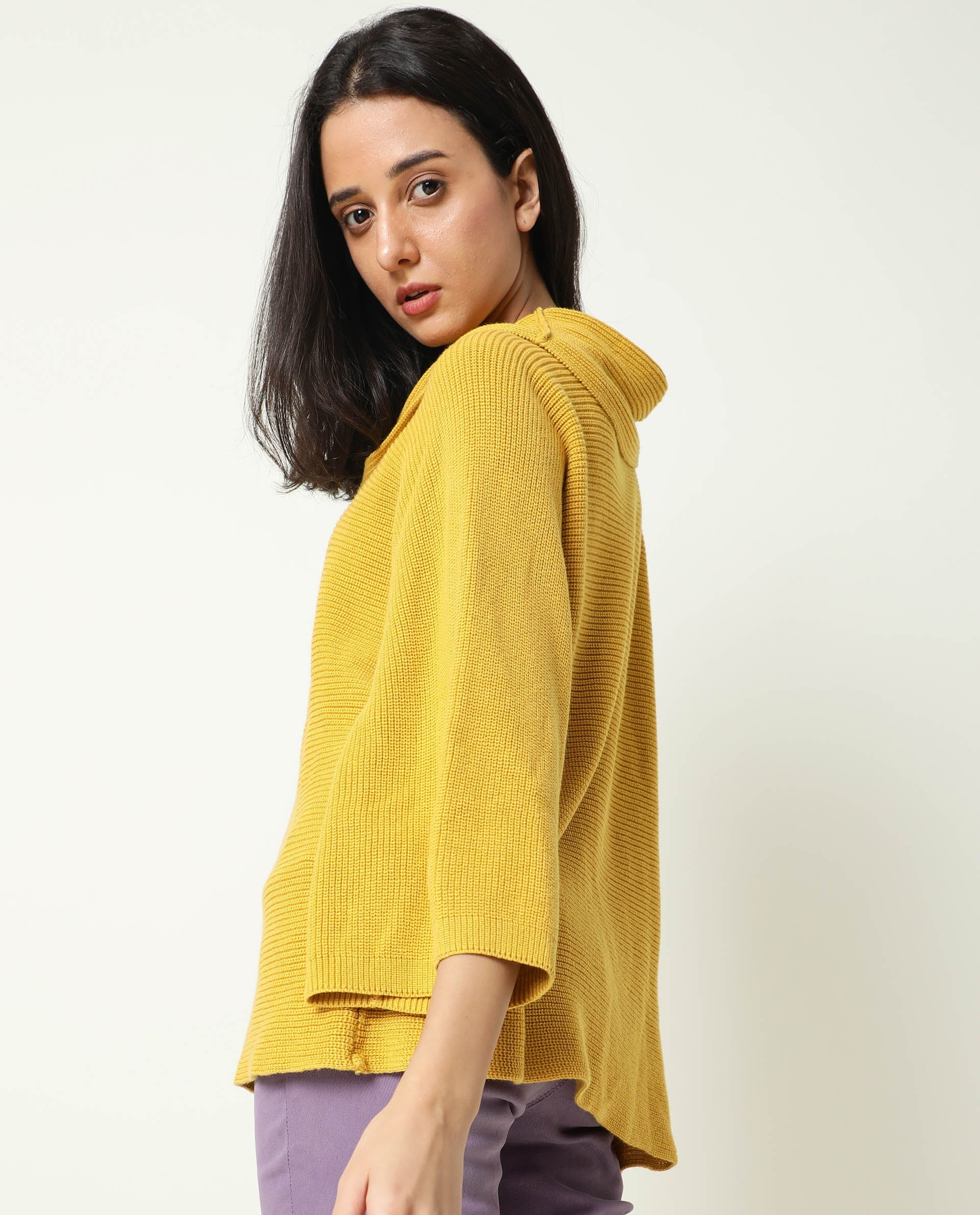 Rareism Women Cleo Mustard 3/4Th Sleeves Relaxed Fit Solid Cowl Neck Sweater